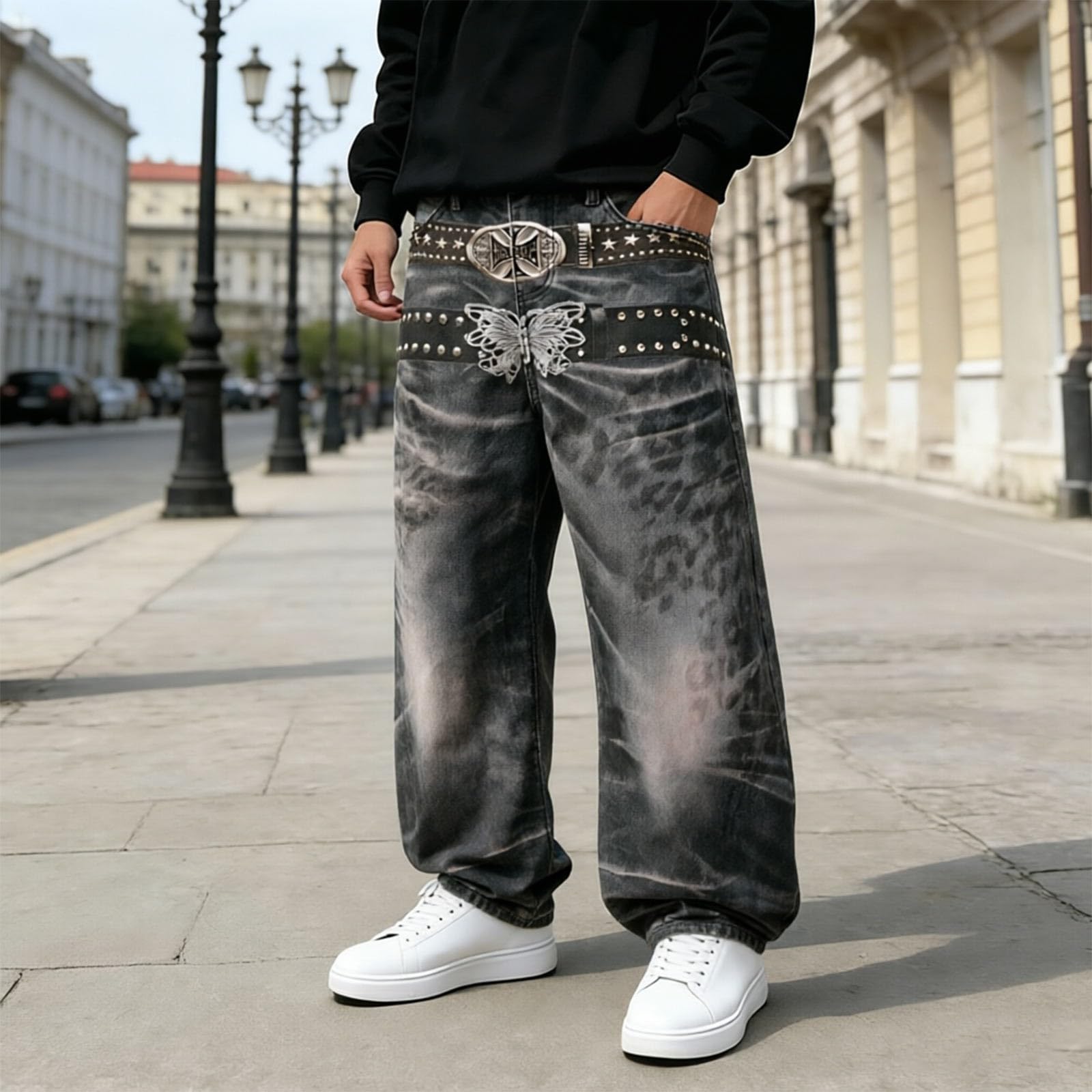 Baggy Jeans da uomo Barrel Jeans Y2K Streetwear Hip Hop Destroyed Denim Pantaloni alla moda con gamba dritta, jeans da skater, casual, vestibilità larga, alla moda, pantaloni lunghi