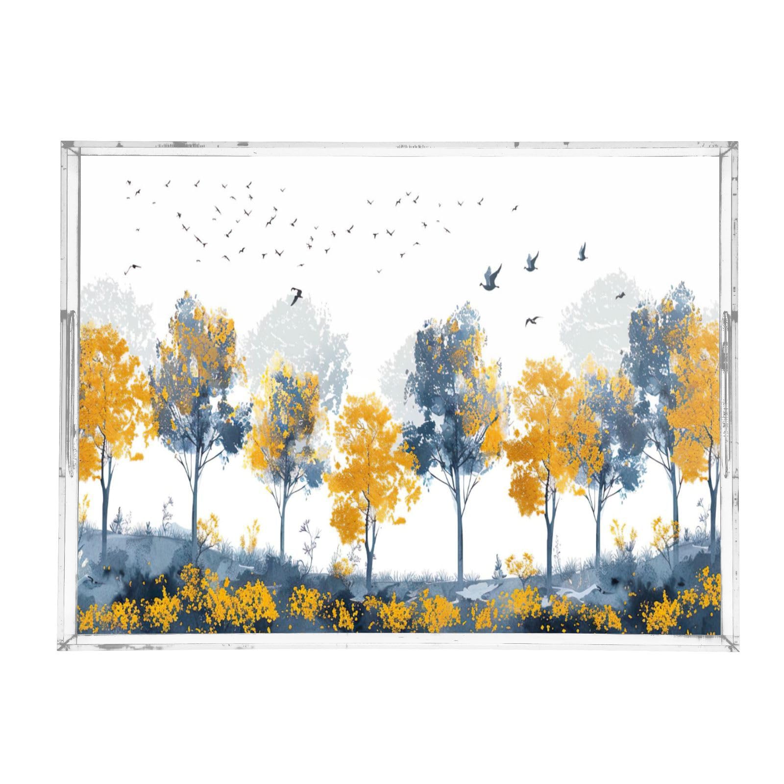 BOESI Doodle Colorful Tree Pattern Acrylic Decorative Dining Tray, Acrylic Decorative Tray Organizer with Handle for Kitchen, Dining Room, Bathroom, Dresser