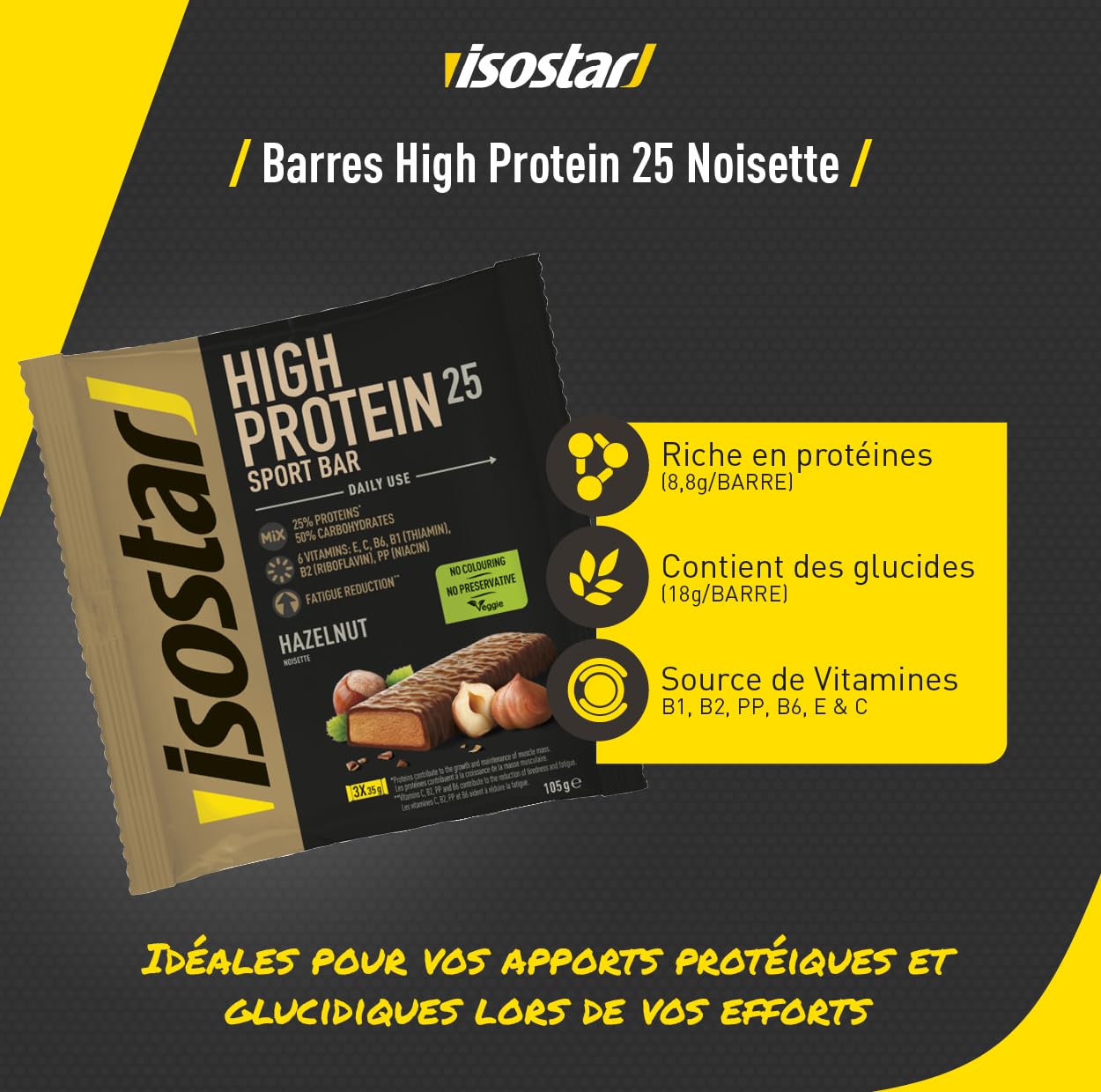 Isostar - Barres High Protein 25 - Barres Énergétiques Riches en Protéines - Saveur : Noisette - Lot de 30 barres