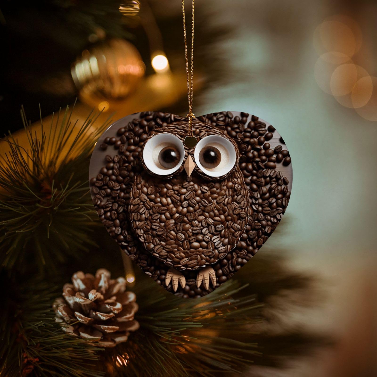 Christmas Ornaments for Christmas Tree Decoration Hanging Coffee Bean owl Ornament with Gold Ribbon Crafts Heart Shape Ceramic Pendant for Keepsake Gifts Xmas Decor Party Supplies