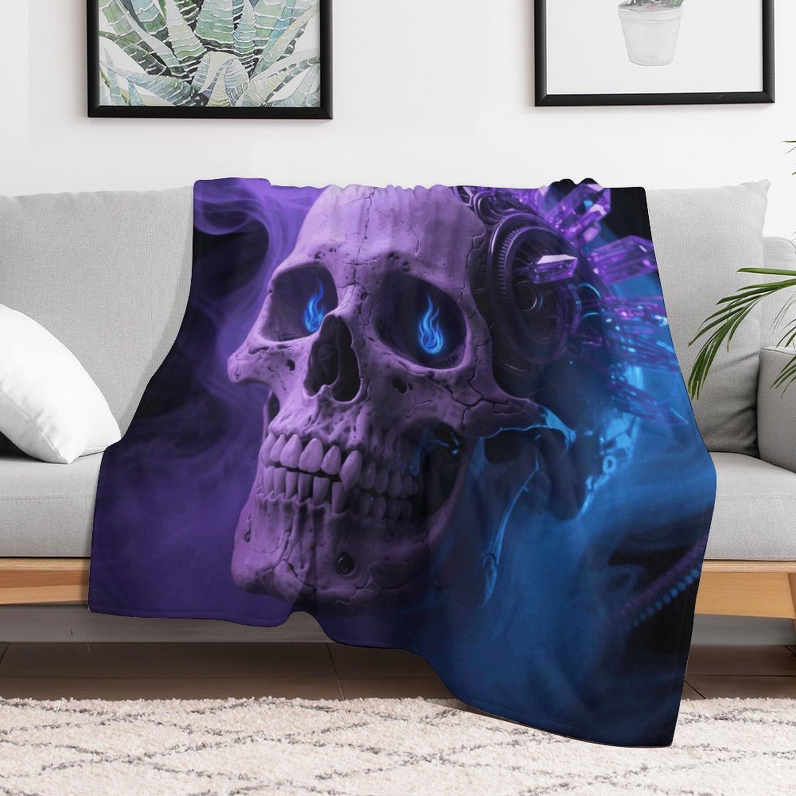 Custom Skull Violet Blue Black Blanket Lightweight Flannel Fleece Throw for Couch Sofa Bed Luxury Soft Cozy Plush Lap Bedtime Blanket for All Seasons Bedroom Home Decor Gifts 50x60