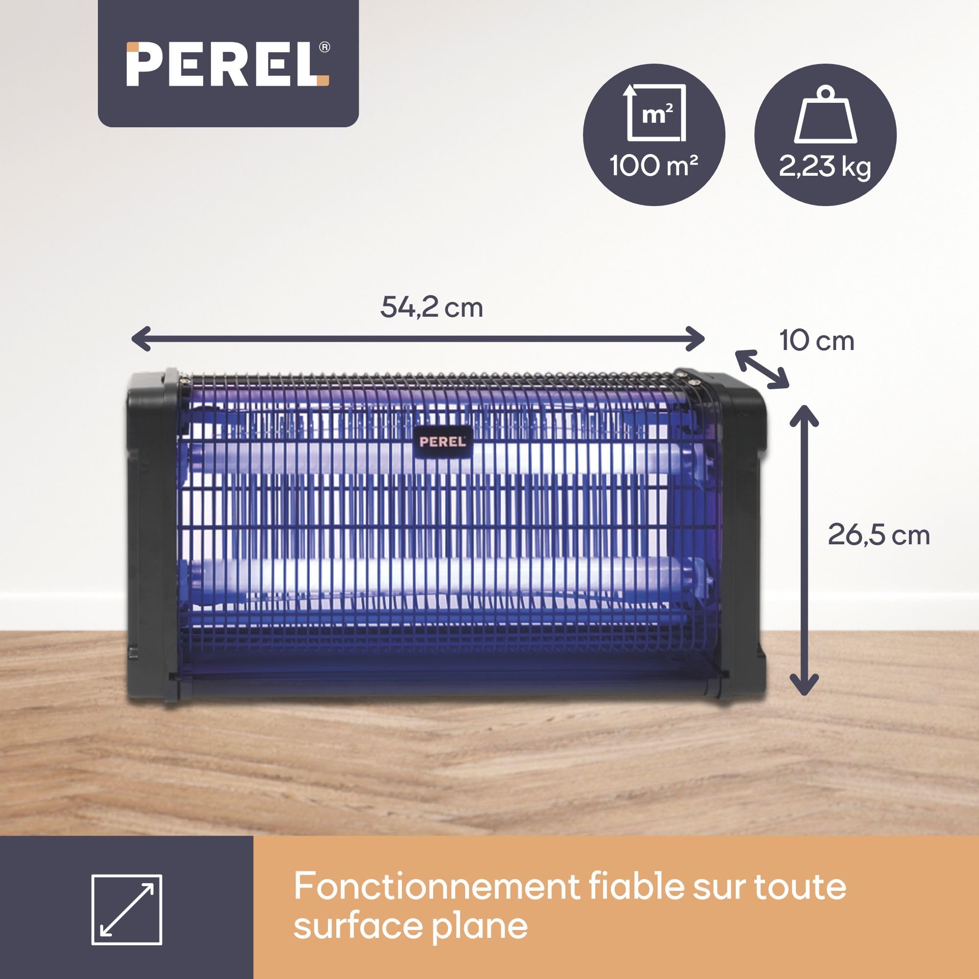 Perel Tueur d' Insectes UV électrique intérieur, Grille 2800V, Appareil Silencieux avec bac métallique Amovible, Couverture 100 m², Solution sans Produits Chimiques