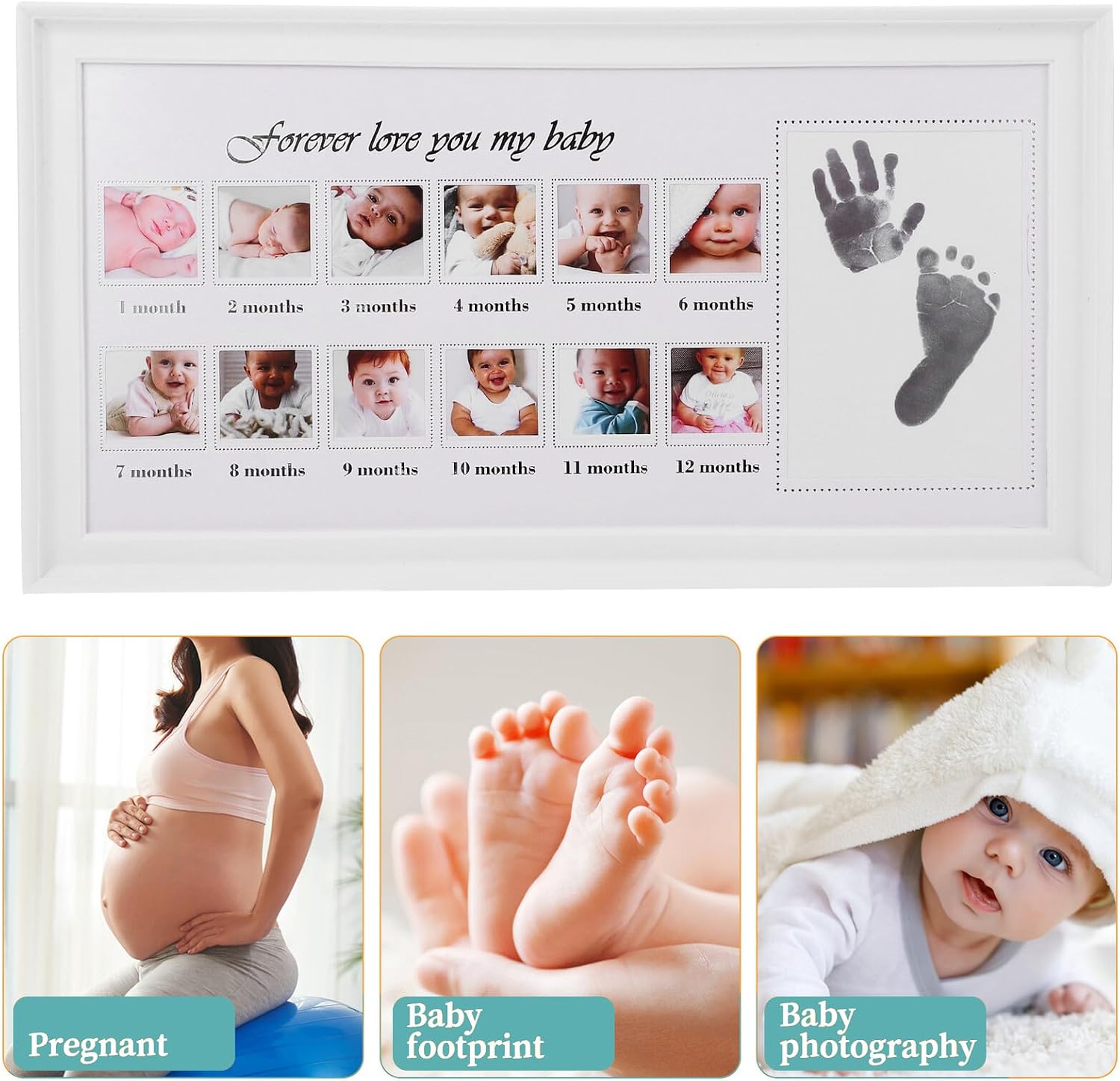 FRCOLOR Handprint and Footprint Keepsake Frame Month Photo Display Growth Memory Picture Frame for Boys and Nursery Decor White Wall-mountable and Tabletop Design
