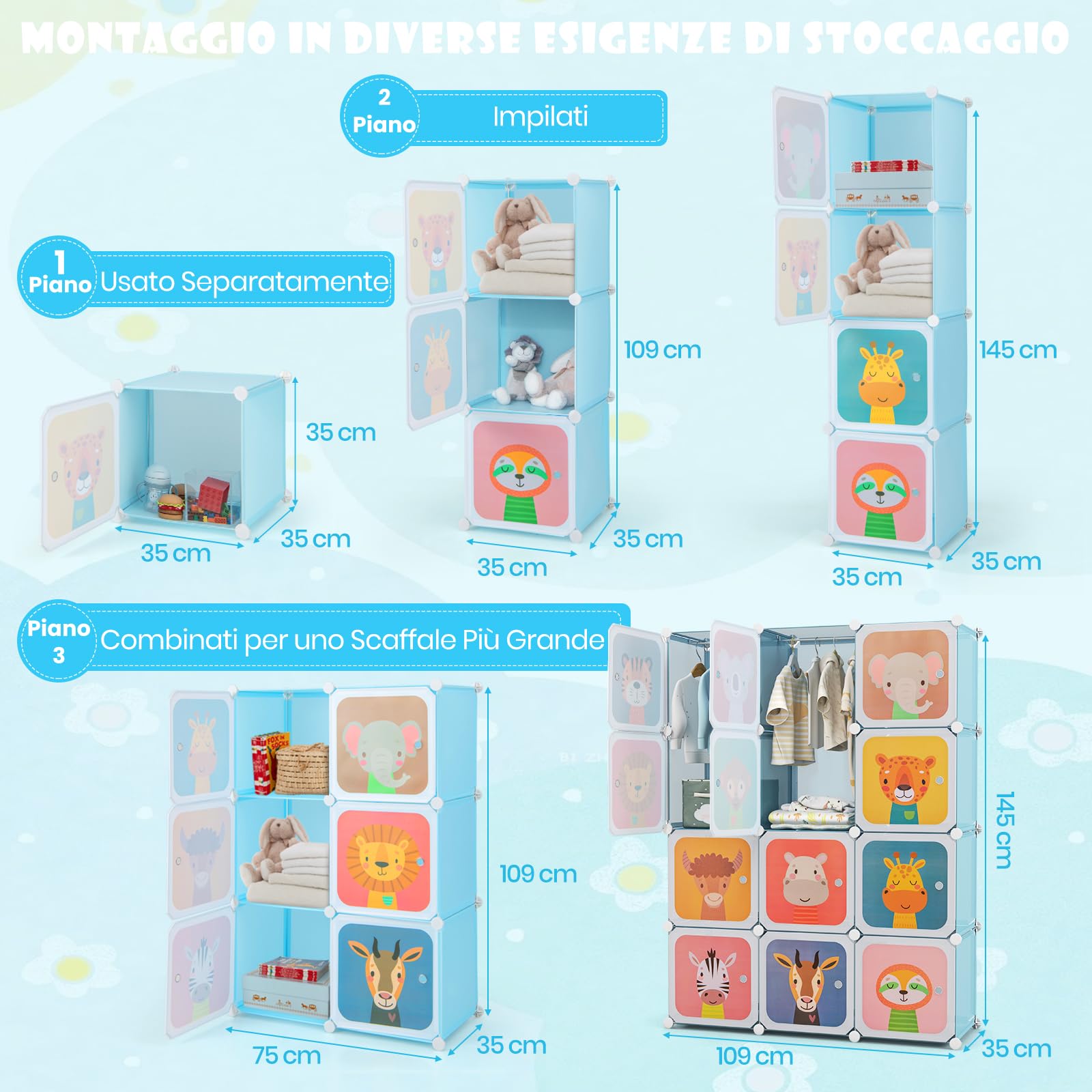 RELAX4LIFE Armadio Modulare a 8/12 Cubi per Bambini con 2 Barre Appendiabiti, 8/12 Ante, Mobile Salvaspazio per Cameretta e Asilo Nido, Portata di Ogni Cubo 10 KG (Animale-12 Cubi,Blu)