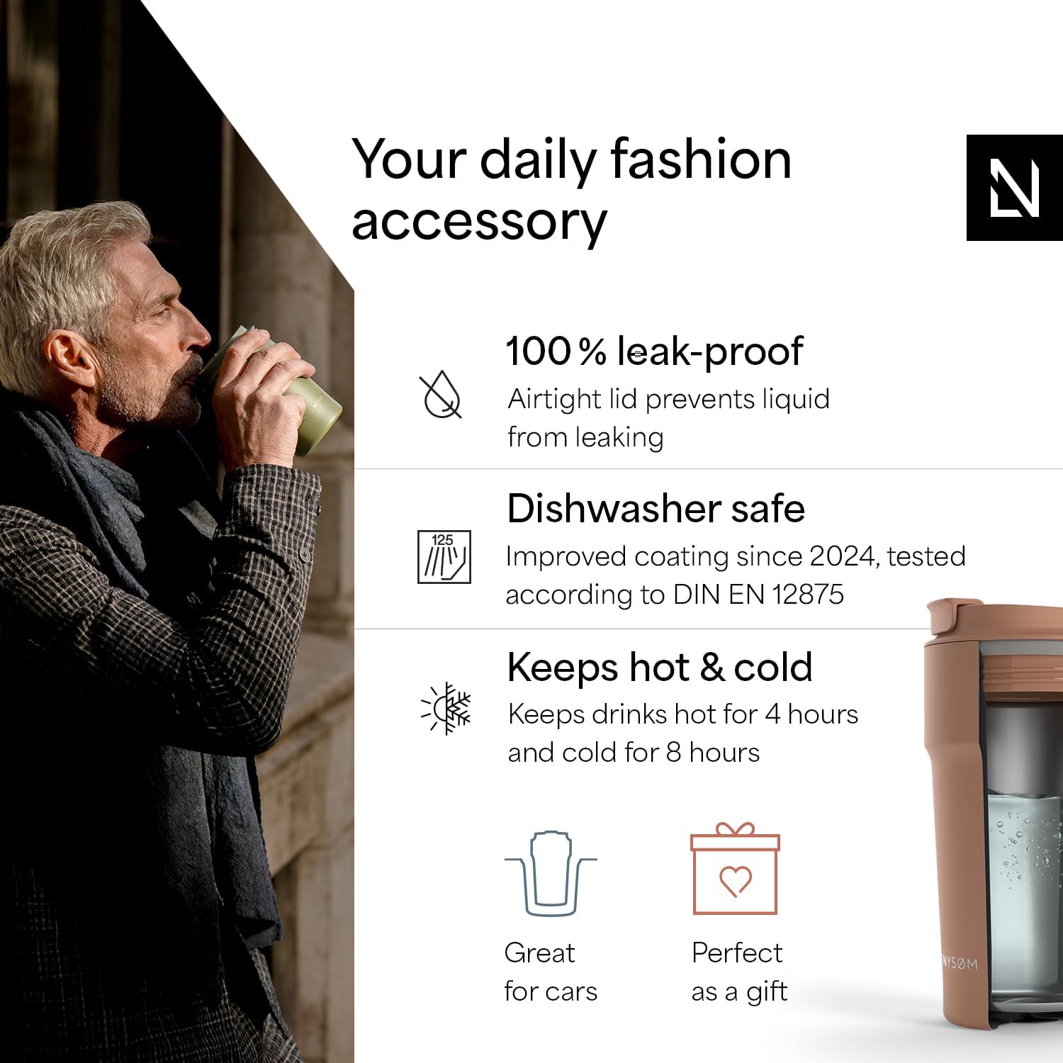 LARS NYSØM Thermo Coffee Mug to go 17oz | Travel Mug 0.5 Liter with Insulation | Leak Proof Stainless Steel Thermal Tumbler for Coffee and Tea on the Go (Blush Rose, 17oz) - Image 2