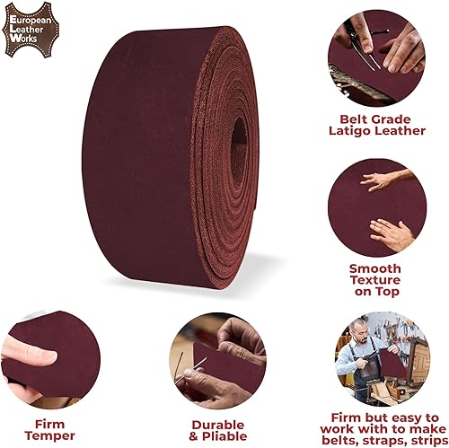 Miniatura 3 de ELW 9-10 oz (0.142-0.157 in) Latigo Cinturón de cuero Grado Correas y tiras  Tamaño 1.25"x72" (3.2x183cm)  Borgoña  Cuero de vaca de grano completo,