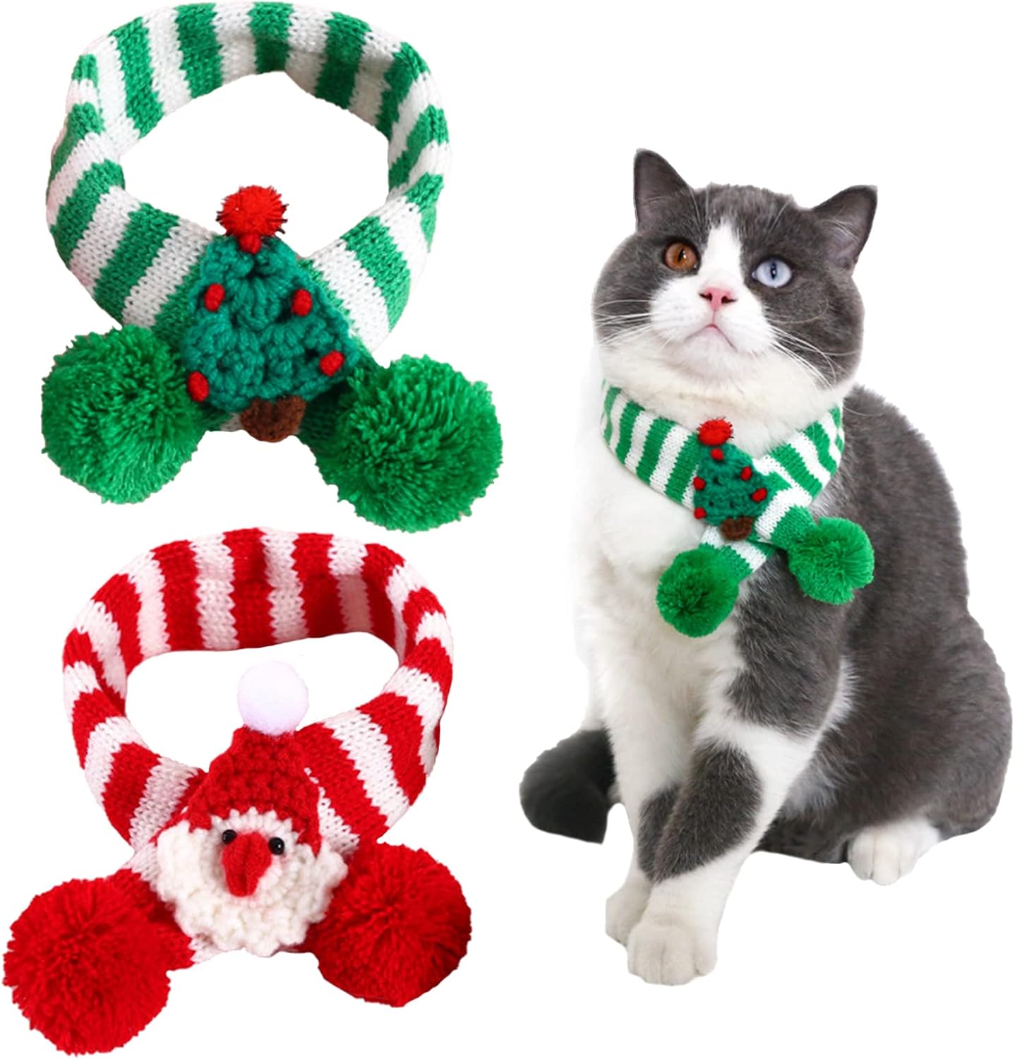 2 Pieces Christmas Pet Scarf Striped Knitted Pet Collar with Pom-pom Winter Dog Neck Warmer Puppy Cat Costume Accessories Mini Knitted…
