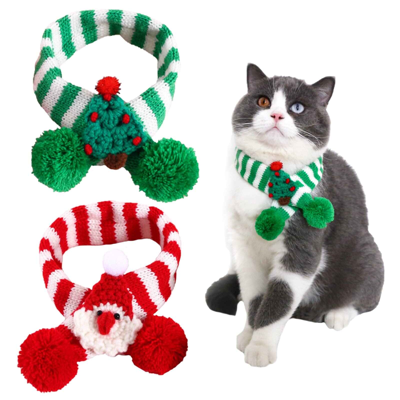 2 Pieces Christmas Pet Scarf Striped Knitted Pet Collar with Pom-pom Winter Dog Neck Warmer Puppy Cat Costume Accessories Mini Knitted Scarf for Small to Medium Pets (Small, Knitting) Striped