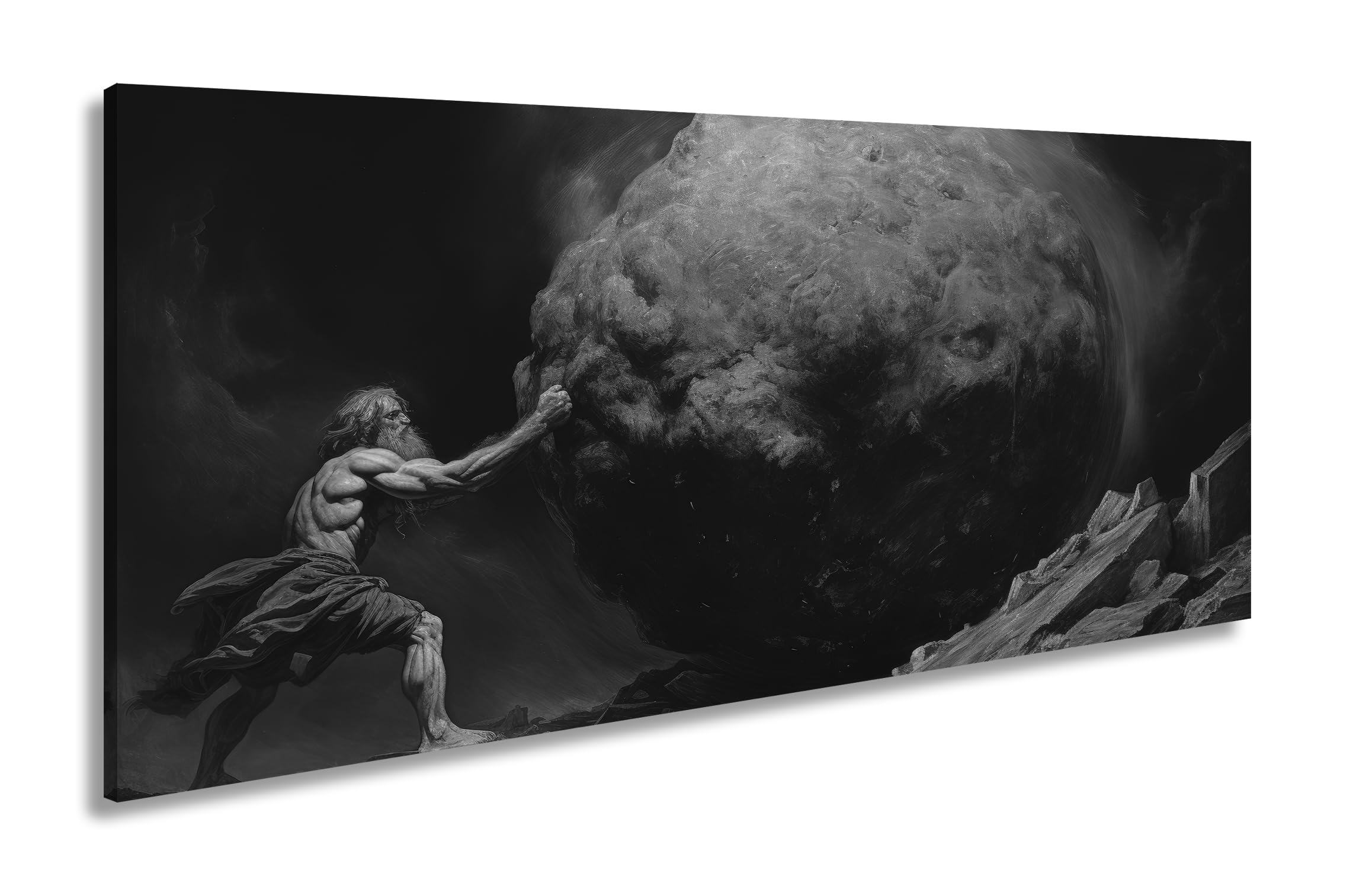 Leinwandbild Sisyphos’ Kampf – der Berg als endlose Prüfung. Panorama 120x60cm Effekt: Schwarz&Weiß XXL Kunstdruck Bild auf Keilrahmen/Wandbild/Wohnzimmer Dekoration