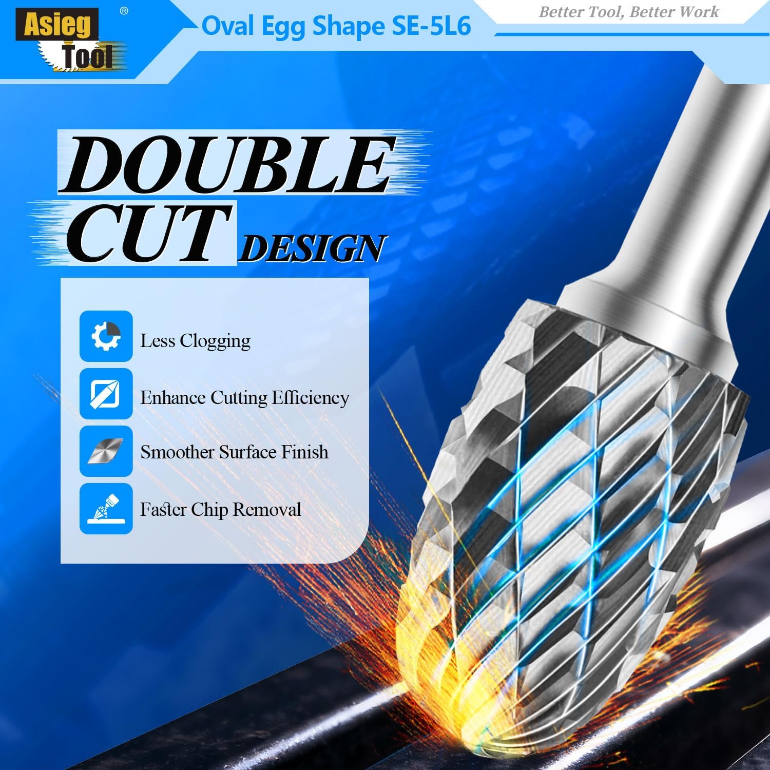 SE-5L6 Tungsten Carbide Burr Lengthened Rotary File Oval Egg Shape Double Cut with 1/4''Shank for Die Grinder Drill Bit