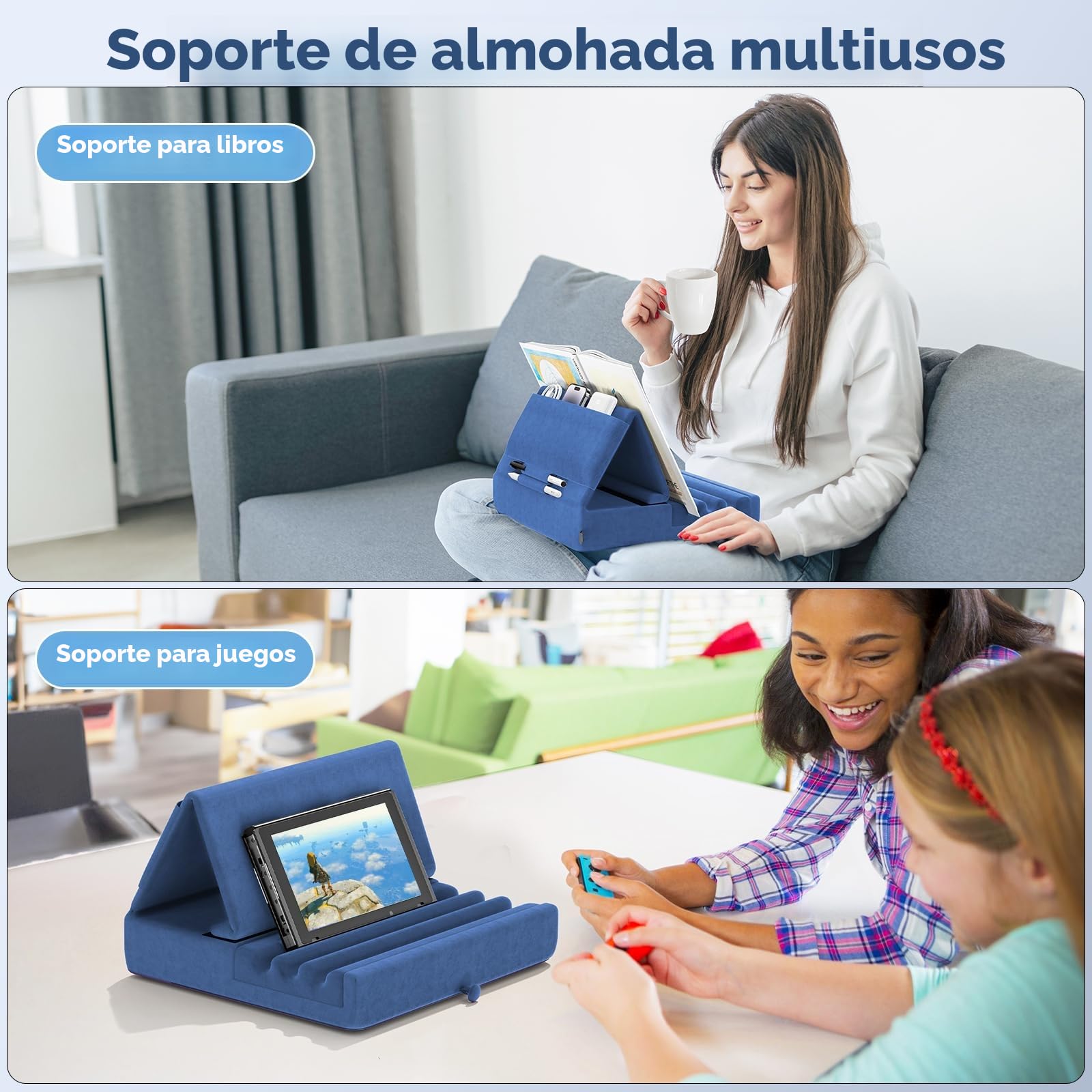 KDD Soporte de Almohada para Tablet,Soporte iPad Plegable para Cama,Regazo,Cojín para Tablet con Bolsillo y Soporte para Lápiz, para iPad Pro 12.9 10.5 9.7 Air Mini 6 5 4 3 E-Reader, Azul