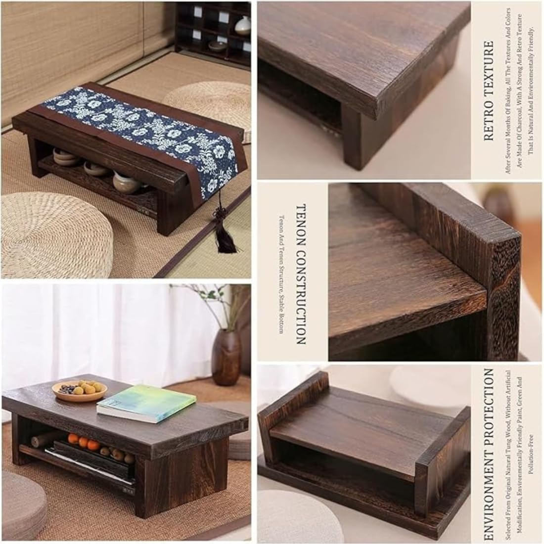Wooden Expert Retro Japanese Wooden Low Table Wood Table for Living Room Coffee Table for Bay Window and Tatami Zen Tea Table,Dark Brown (68 * 35 * 20cm) 4
