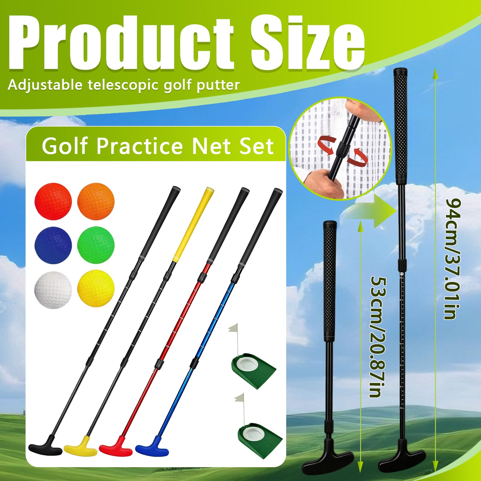 Ensemble de Putter de Golf, Ensemble de Golf Bidirectionnel Réglable Longueur Réglable Gaucher ou Droitier Accessoires de Putter pour l'intérieur et l'extérieur