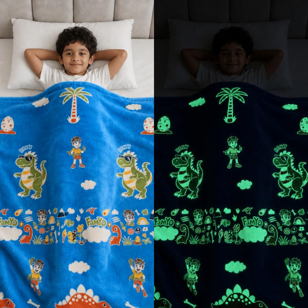 Famyo® GlowMaxx Glow Blanket for Kids – Rexy The Dino | Kids Blanket 0–15 Yrs | 200×152 cm Double Bed Blanket | Soft Flannel Blankets for Winter | Lab-Tested & Safe, (Pink)-image-31