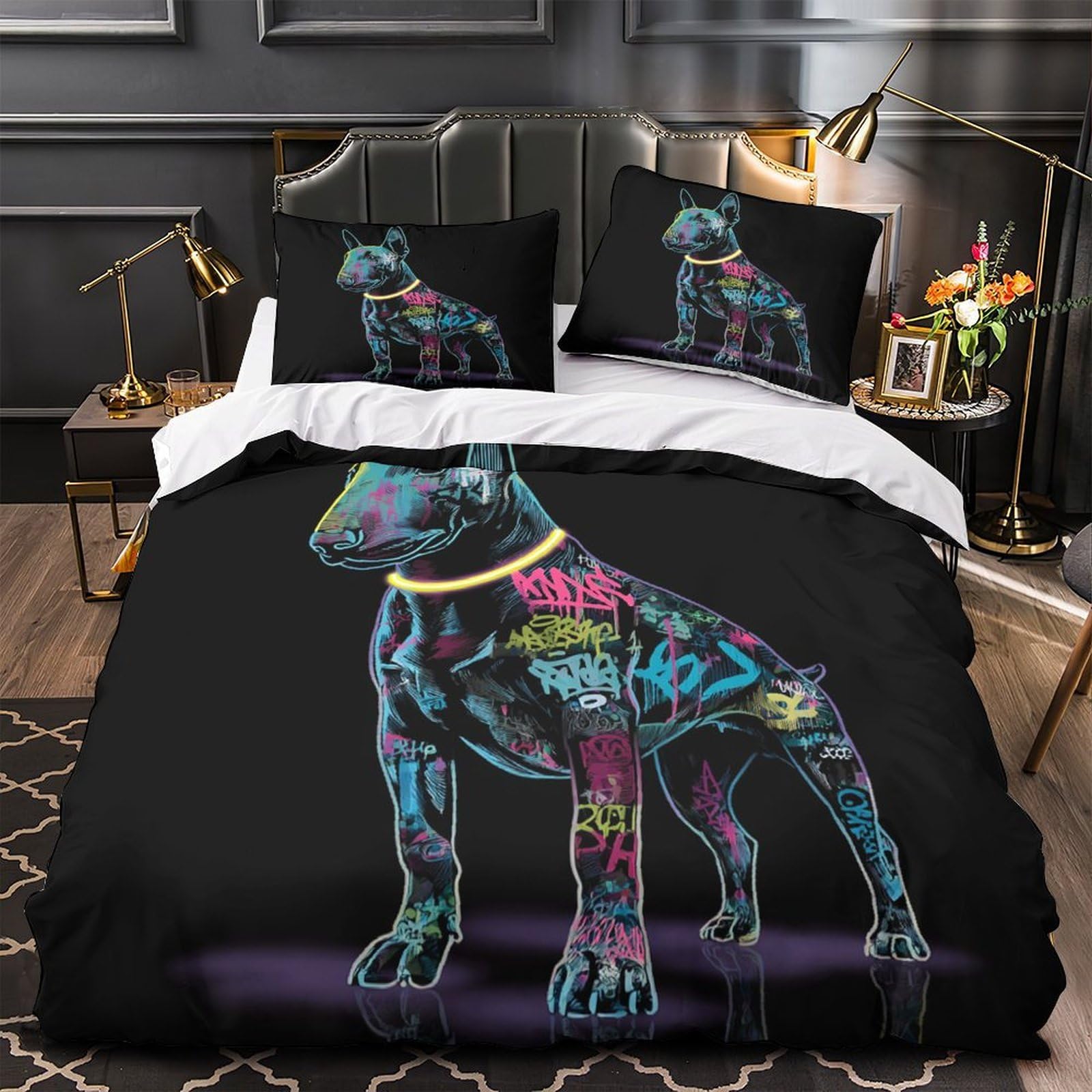 Housse de couette chien néon microfibre résistante anti-plis lit simple