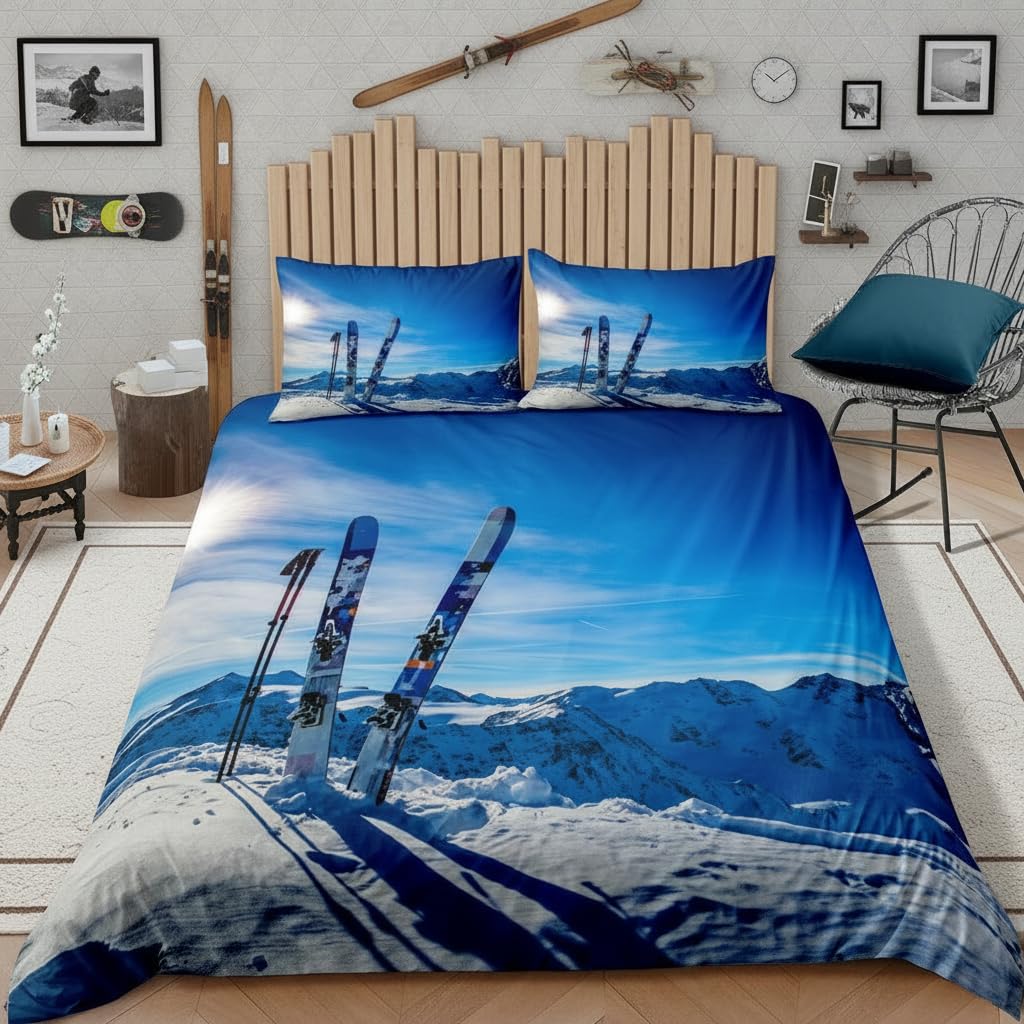 Parure de lit Snow Mountain bleu ciel 200x200 cm housse couette sport 3 pièces