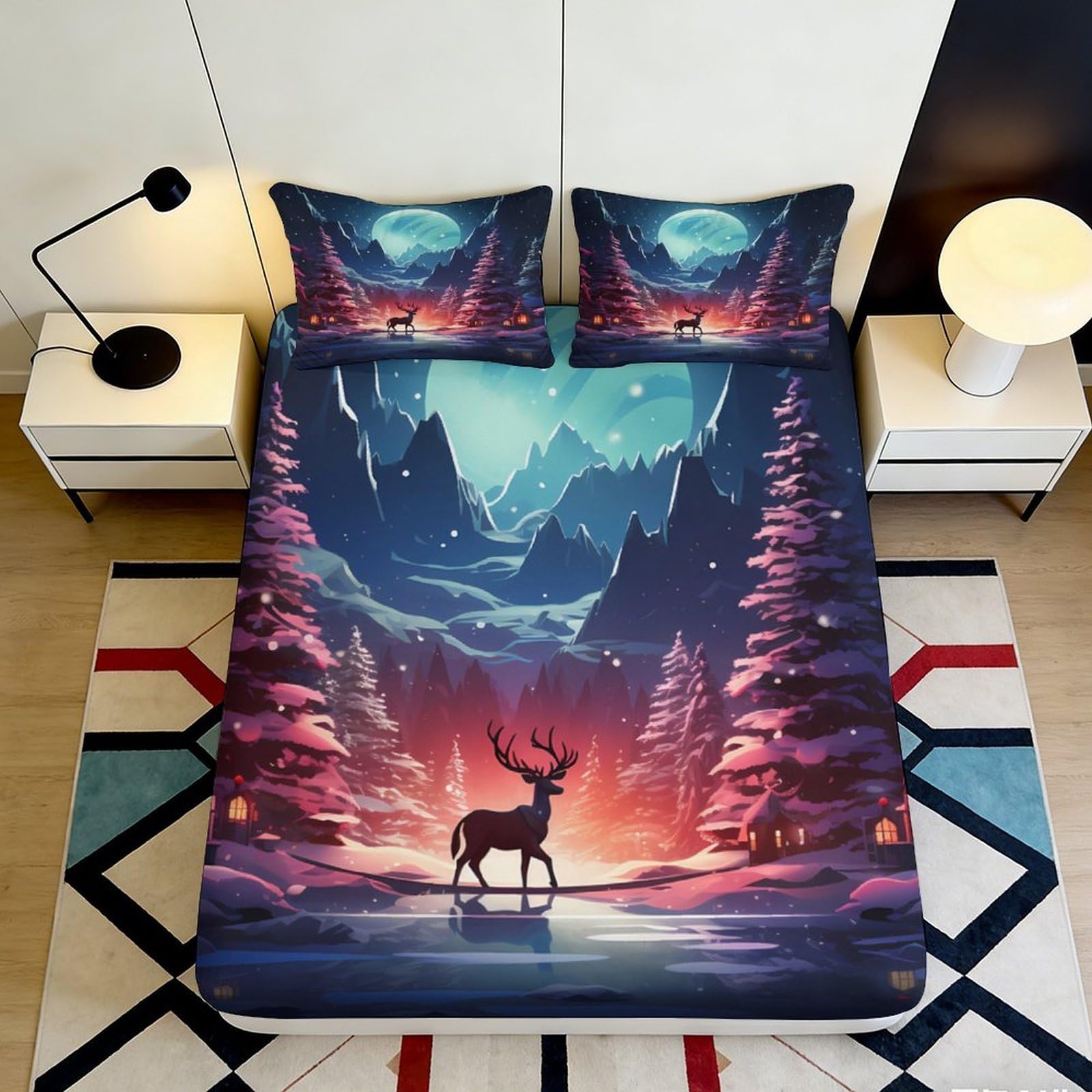 3D Printed Forest Elk Fitted Sheet Microfiber Soft Breathable Mountain Night Mattress Cover for Bedroom Guest Room Decor 90x200x25cm