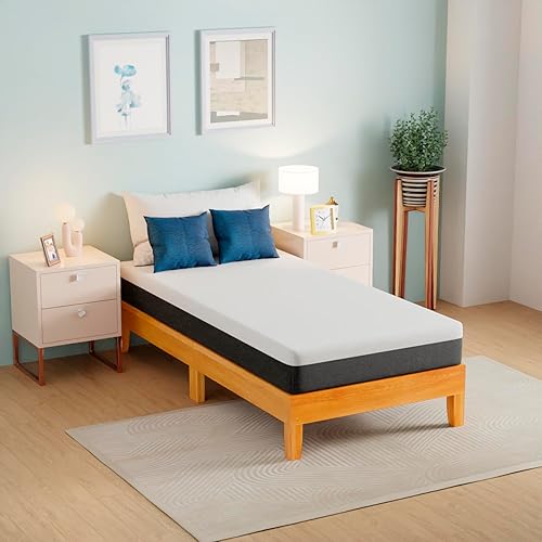 Miniatura 14 de PayLessHere Base de cama de plataforma de madera con cabecero tamaño King, base de madera maciza, soporte de listones de madera, no necesita somier,