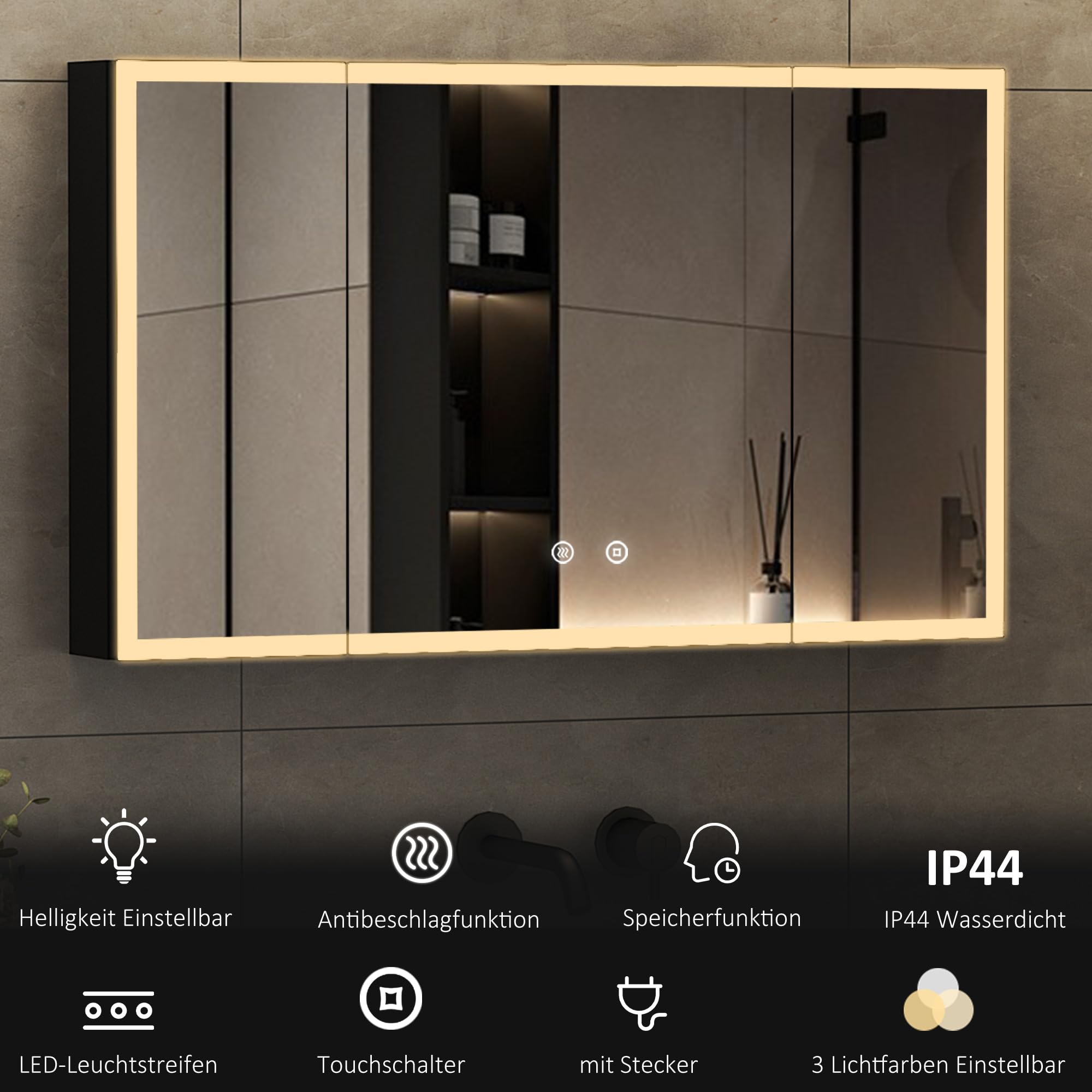 Boromal Großer Spiegelschrank Bad mit Beleuchtung 120 x 60 x 13,5 cm Schwarz Spiegelschrank mit Beleuchtung Metall LED Badezimmerschrank mit Dimmbar + Beschlagfrei + Stecker
