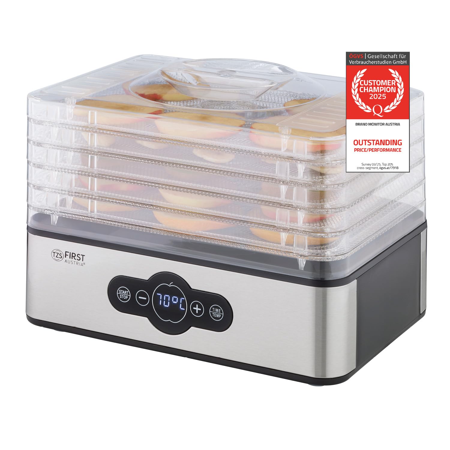 TZS First Austria Deshidratador digital para frutas, hierbas, setas y carne, 5 niveles acero inoxidable, temporizador y regulador temperatura 35-70°C