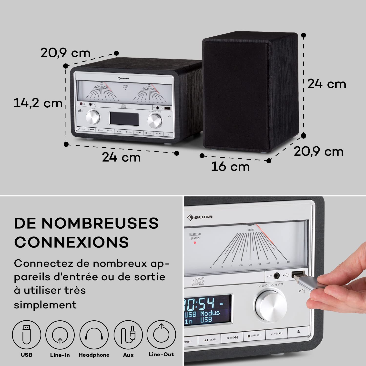 Auna Radio Portable Bluetooth, Poste Radio Numérique Dab/Dab+/FM/Streaming, Puissante de 25W avec Hauts-parleurs Stéréo Détachables, Écran LCD, Télécommande, MP3, Port USB, Alimentation Secteur