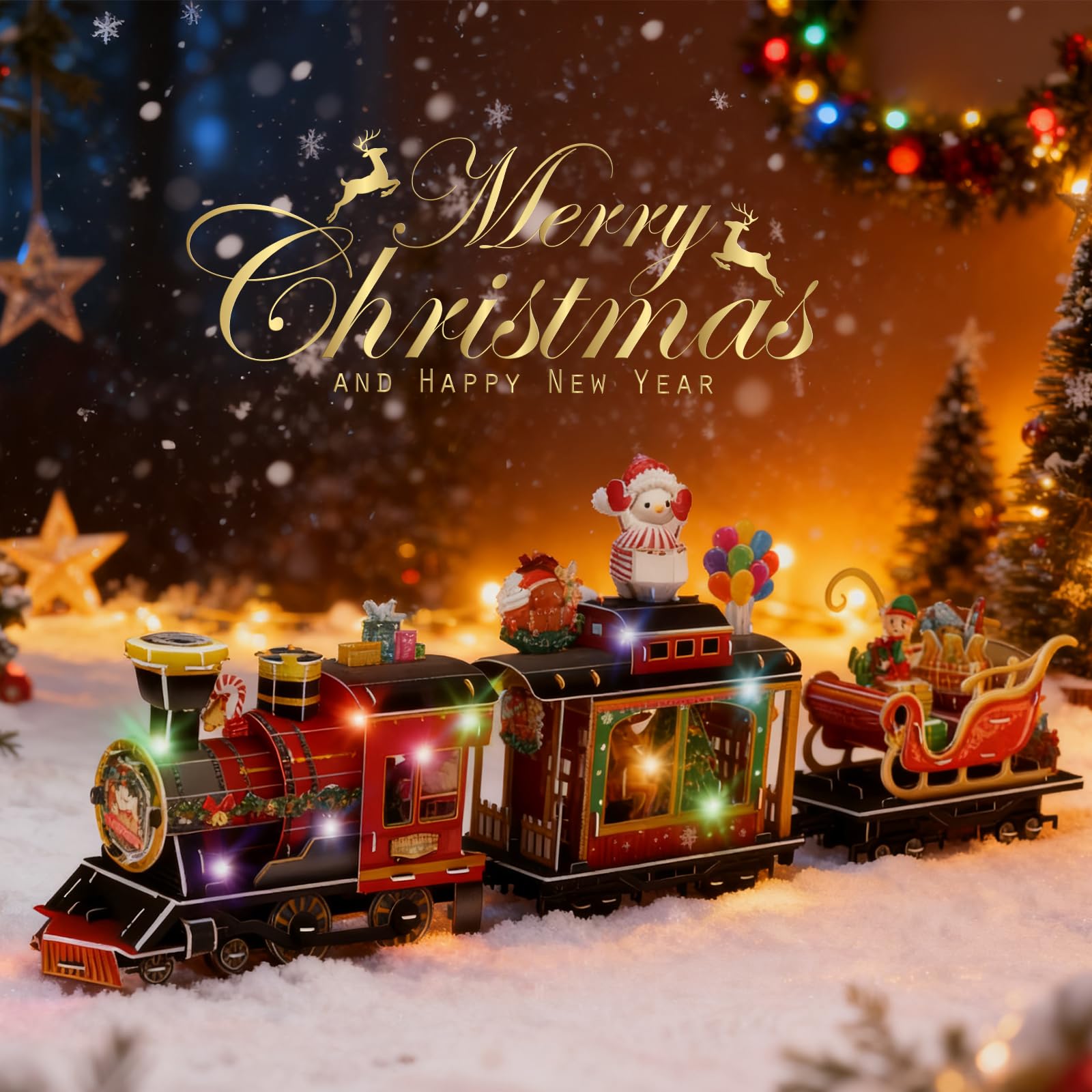 Sadodo Kit Puzzle 3D Treno Di Natale Con Luci LED Colorate, Modello Slitta Di Babbo Natale 50 Cm, Regalo Fai Da Te - 5