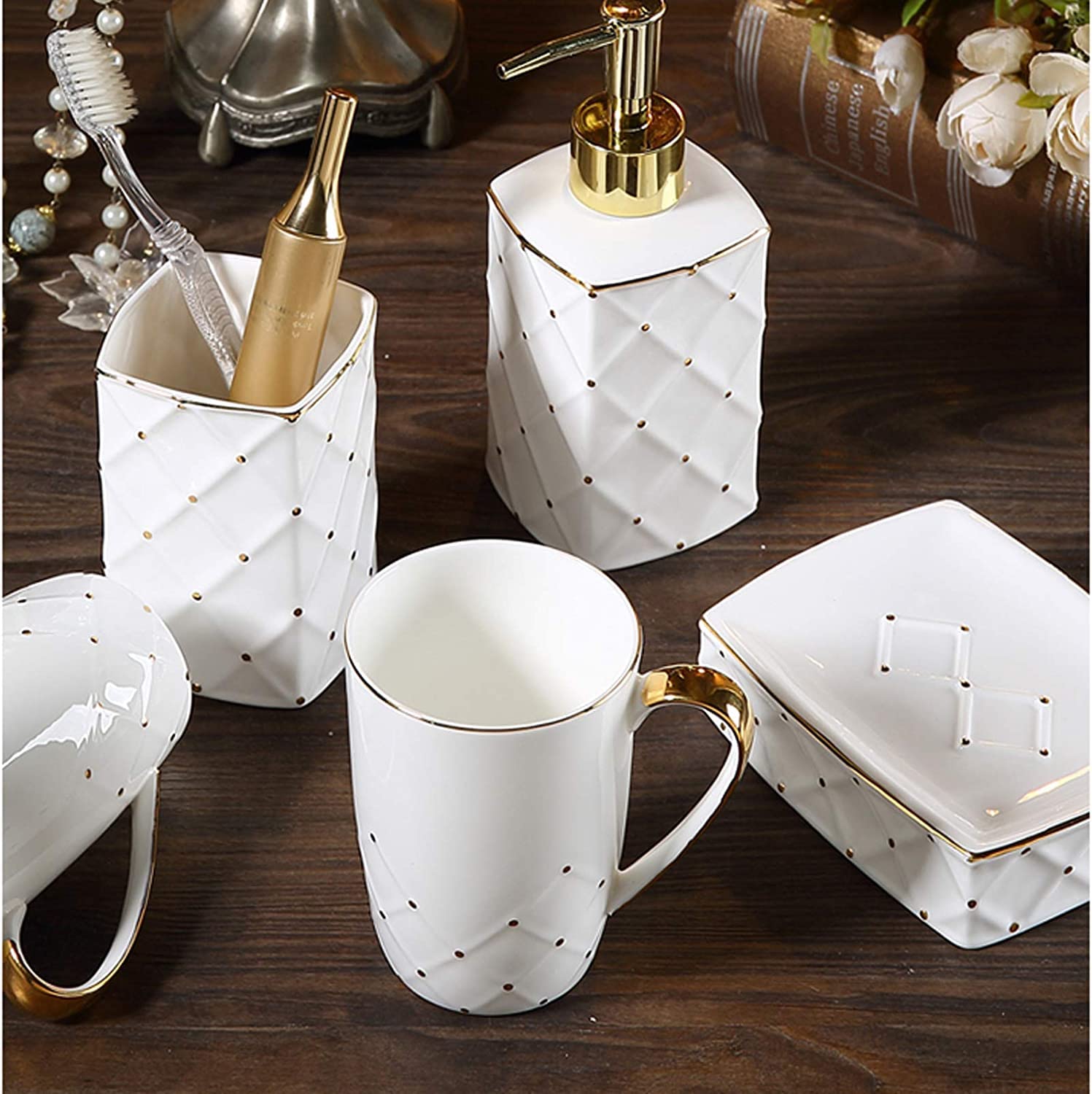Badezimmer Set Seifenspender Set Badezimmer-Set Aus Keramik Im Barockstil, 5-teilig, Im Europäischen Stil, Kreatives Badezimmerzubehör, Badezimmerzubehör-Set Deko Badezimmer (Color : A)