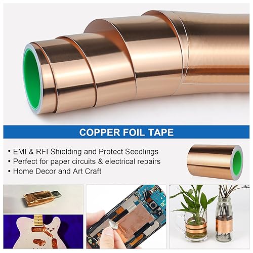 Miniatura 7 de BOMEI PACK Paquete de 4 cintas de lámina de cobre (2 pulgadas, 1 pulgada, 12 pulgada, 14 pulgadas x 66 pies) con adhesivo conductor para guitarra y