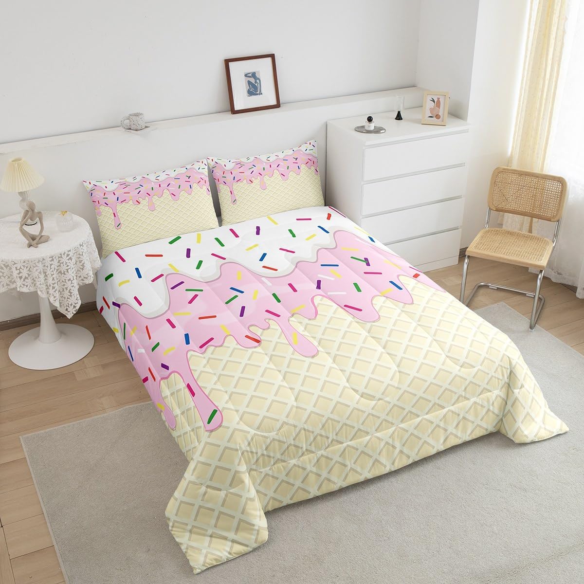 Ice Cream Party Comforter Set Full Size,Sweet Theme Bedding Set for Girls Women Adult Bedroom Decoration,Kids Pink White Yellow Bed Duvet Insert,Colorful Candy Comforter with 2 Pillowcase