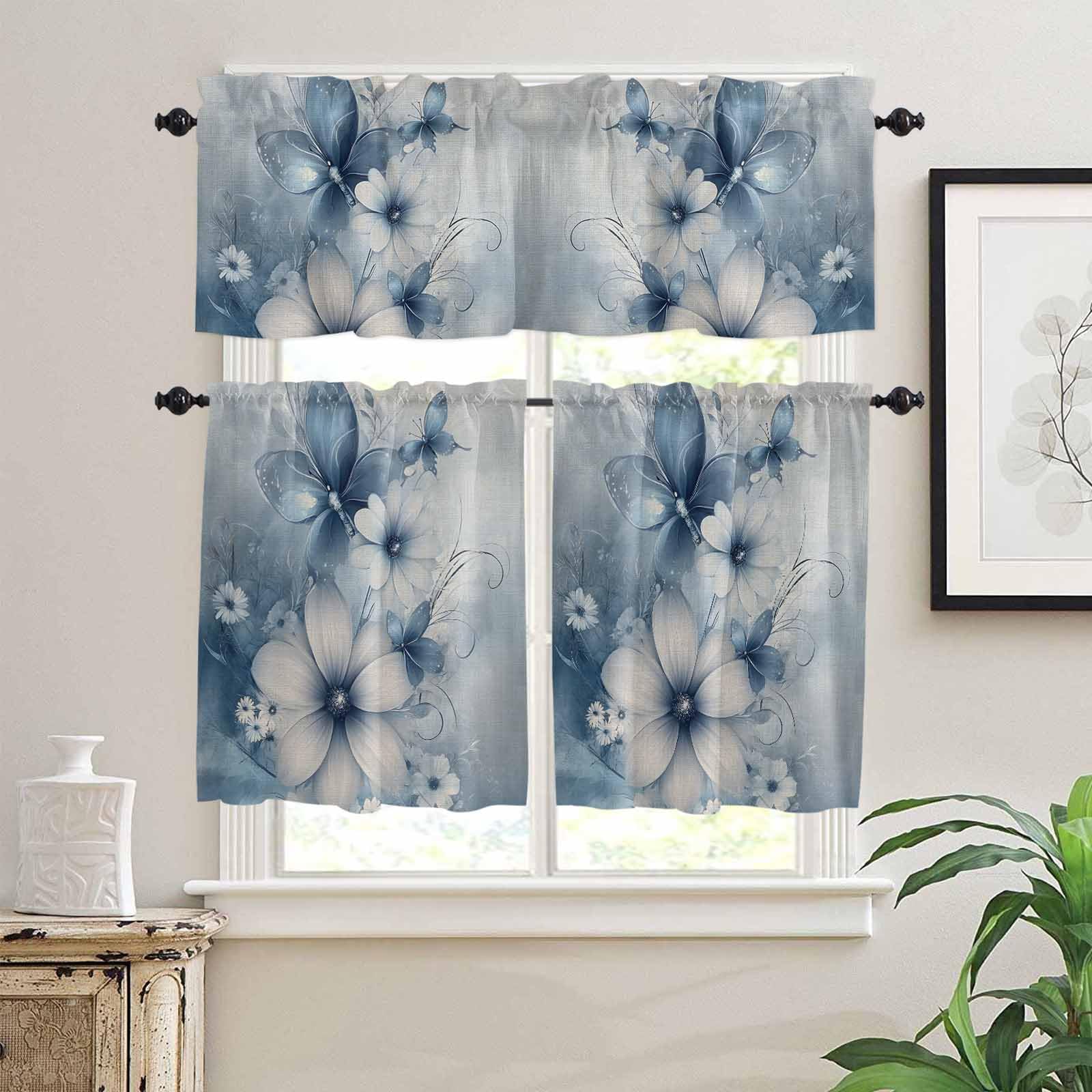 Blue White Daisy Kitchen Curtains 36 Inch Length, 3 Piece Rod Pocket Small Half Tiers and Valance Set, Vintage Elegant Butterfly Flowers Small Large Window Treatment Decor for Bedroom/Bathroom Sink