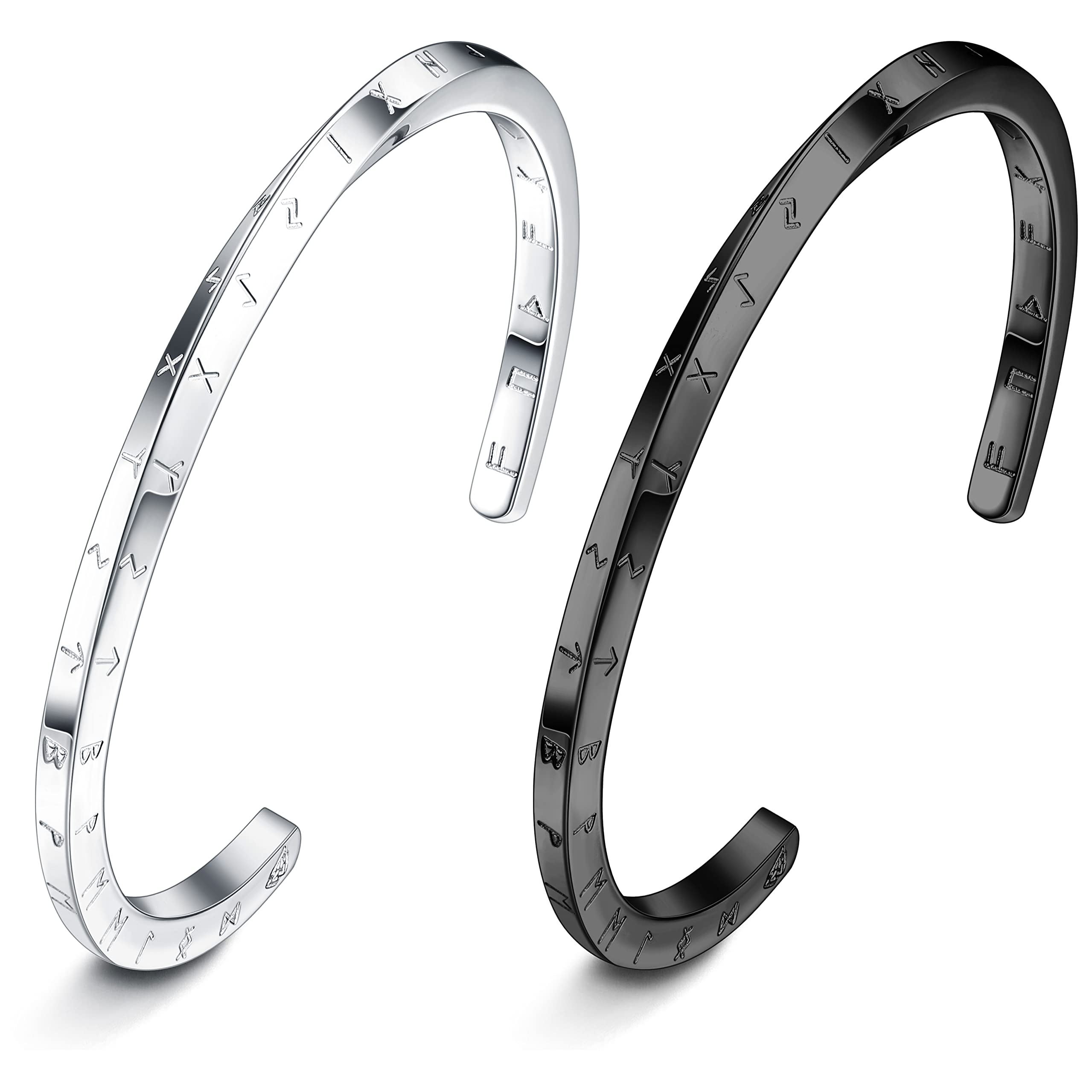 JeweBella2Piezas Pulsera Hombres Viking Mobius Acero Inoxidable Nórdico Amuleto Pulsera Plata/Negro Rígido Pulsera Entrelazada Runas Talismán Pulsera Vikingos Joyería