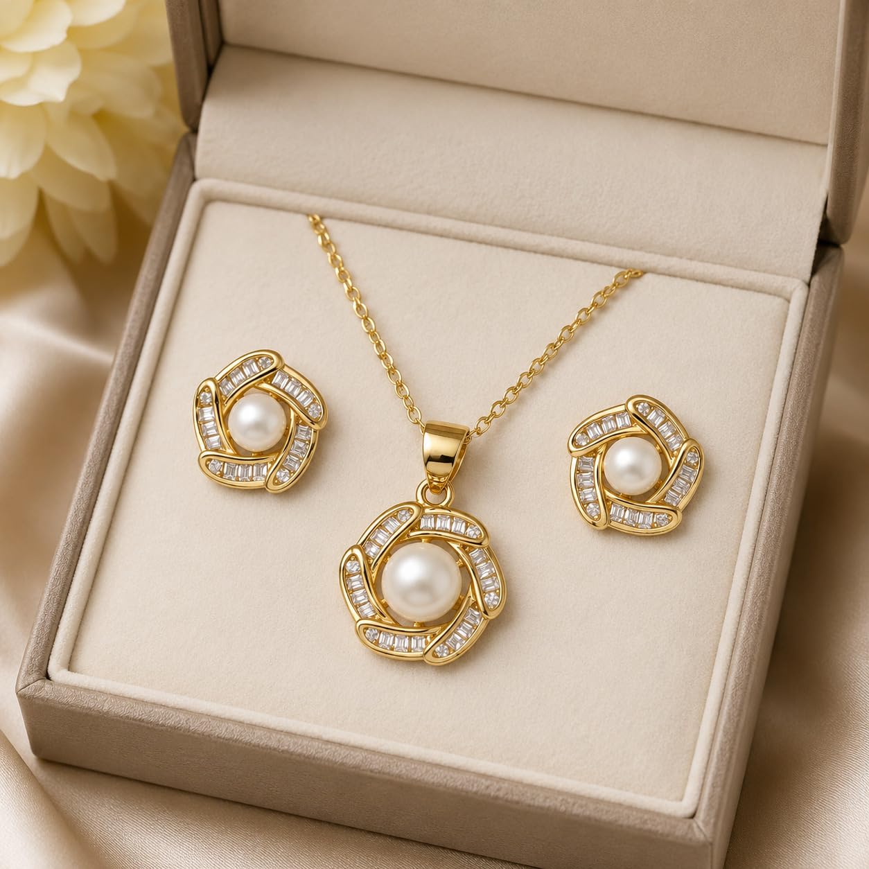 Anhänger Ohrringe Kette Perle 925 Silber gold Schmuck Set Damen Halskette