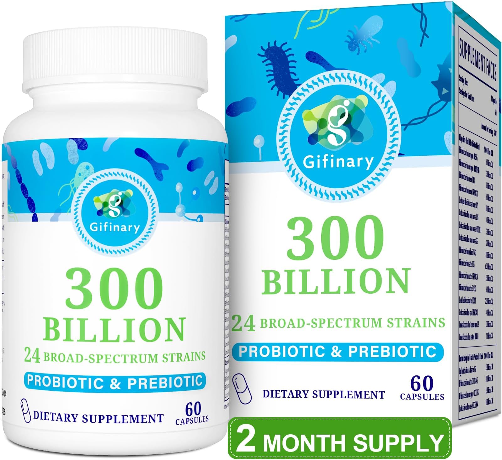 Probiotics for Women and Men, 300 Billion CFU, 24 Strains Probiotics with 15 Organic Herbs Prebiotics, Probiotic for Digestive Gut, Immune, Constipation, Diarrhea & Whole-Body Health - 2 Months Supply