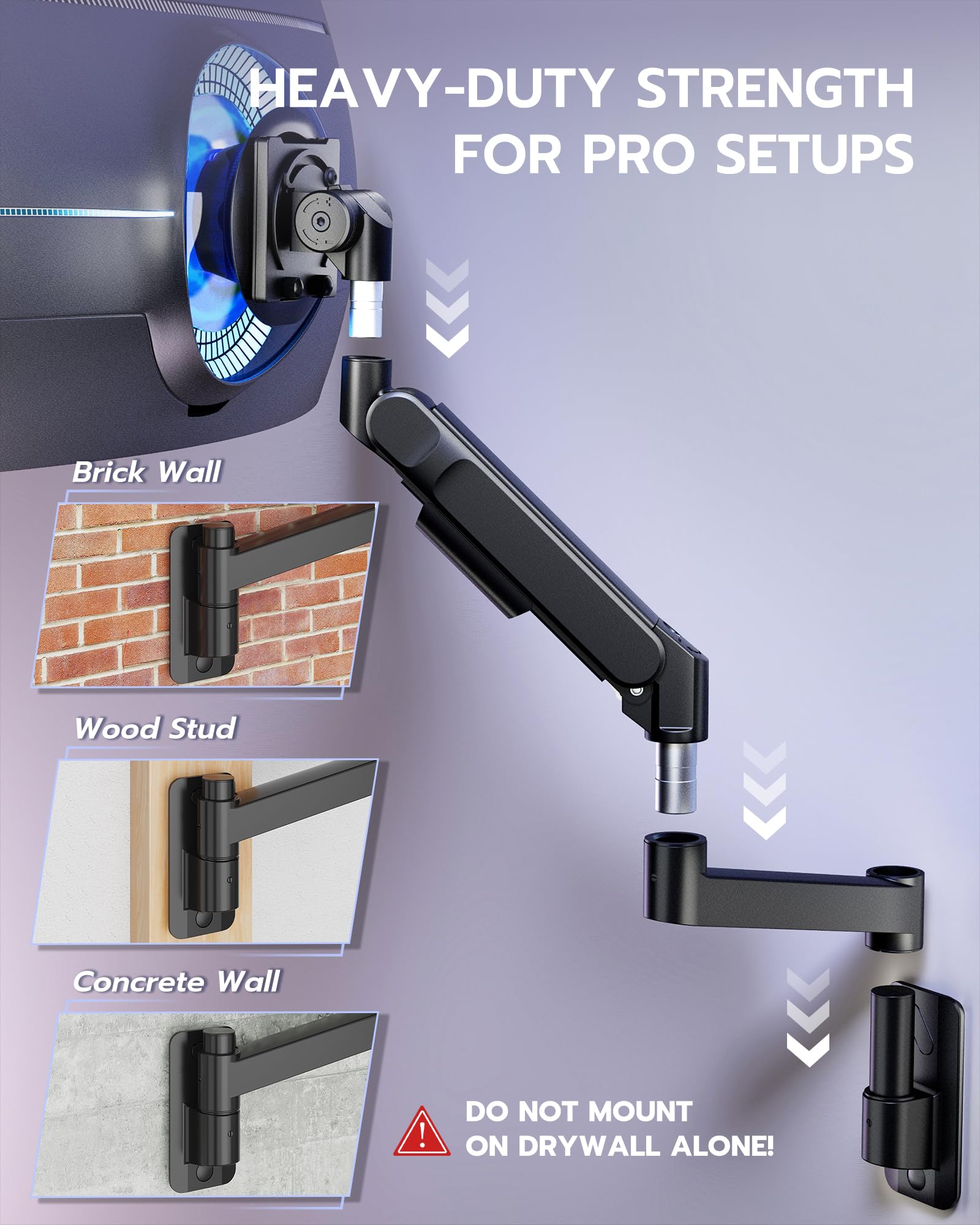 ARES WING Supporto da parete per monitor da 24 – 57 pollici, schermo LED/LCD/TV fino a 27 kg, molla a gas, supporto da parete, inclinabile, orientabile VESA 75/100, supporto per monitor per ufficio e