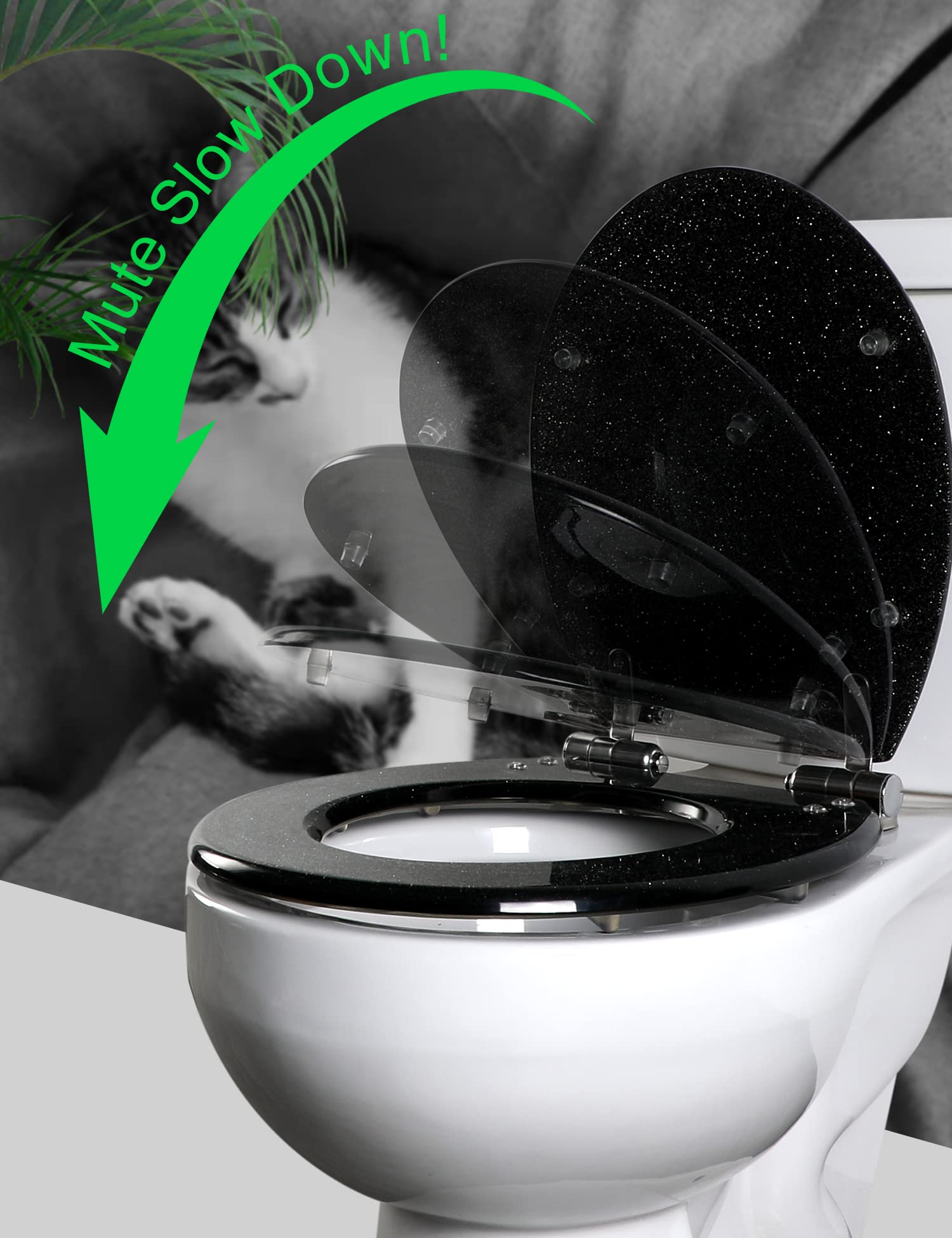 Round Resin Toilet Seat - Black Glitter Decoration, Slow Close, Quick Release, Heavy Duty Toilet Cover and Seat, Stainless Steel Hinges, Suitable to Elongated or Oval Toilets (Night Starlight)