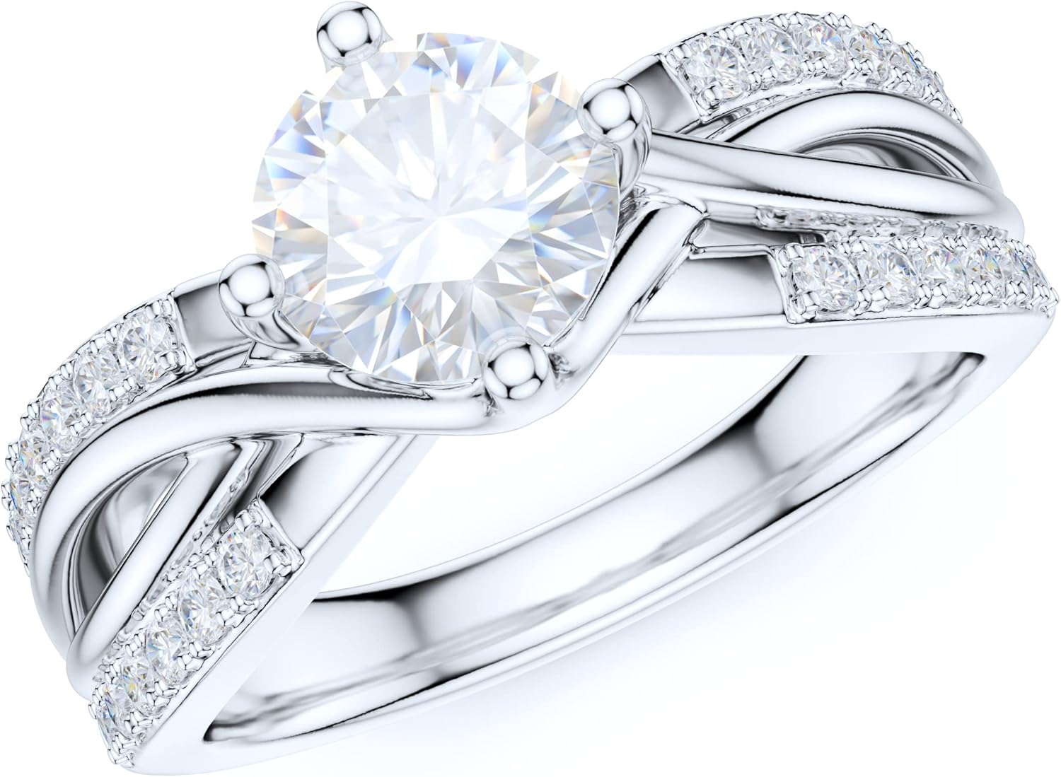 Sterling Silver Fancy Split Intersecting Infinity 1CT Simulated Round Brilliant Cut Diamond or Genuine Moissanite Promise Engagement Ring