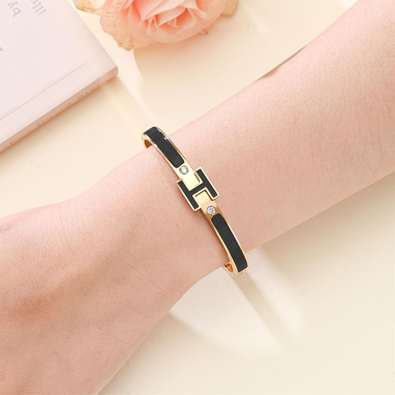 H Bangle Bracelet for Women - 18K Gold Plated Stainless Steel Enamel Bracelet - Fashion H Letter Jewelry - Elegant Gift for Women - Image 2