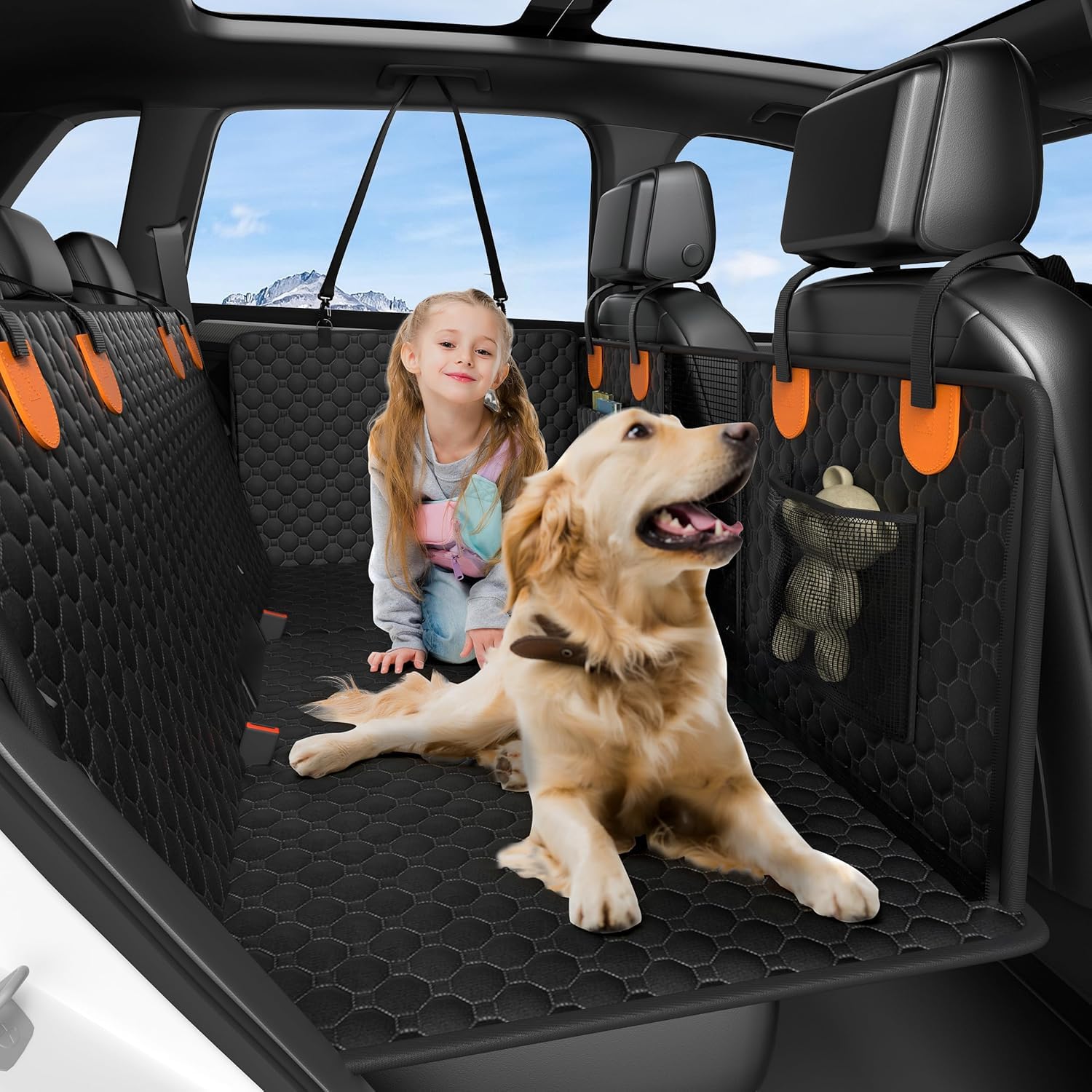 Dog Car Seat Extender with Hard Bottom and Mesh Window, Waterproof Backseat Protector for Car, SUV, Truck Travel and Camping