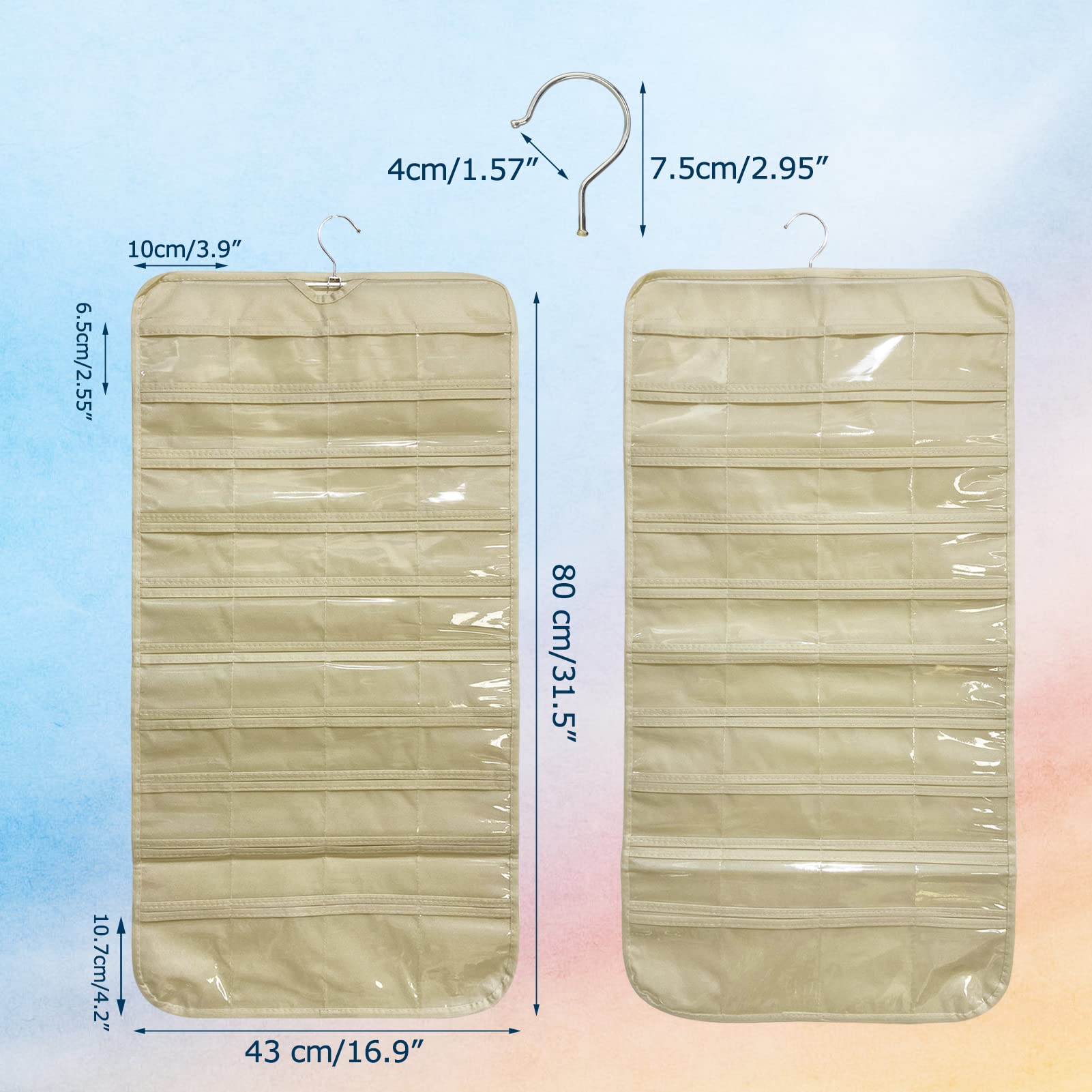 Paquete de 2 organizadores colgantes de joyas con 160 bolsillos, almacenamiento de aretes de armario de doble cara para collares, pulseras con percha, color beige 3