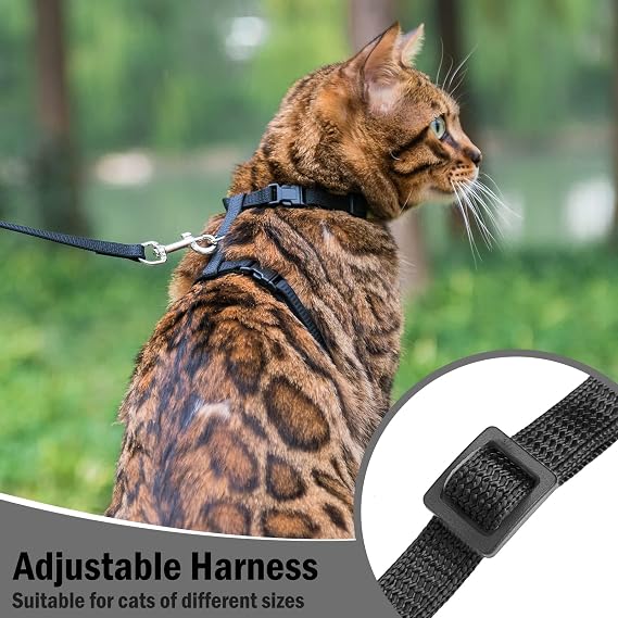 PUPTECK Adjustable Cat Harness and Lead Set Escape Proof Kitten Strap Collar for Walking Travel, Black, S