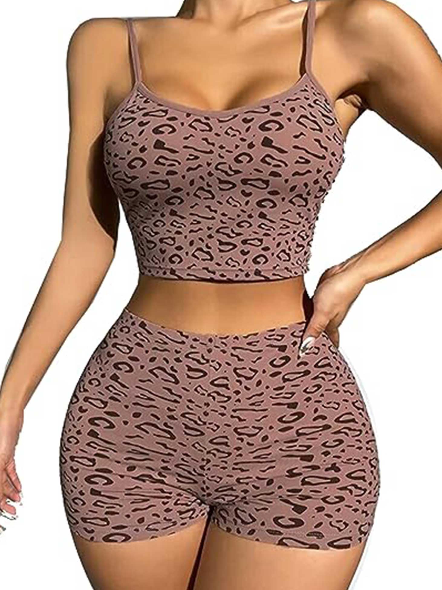 AGFANPajamas for Women Set 2 Piece Leopard Print Top and Cami Short Pj Set Sexy Loungewear Workout tracksuits