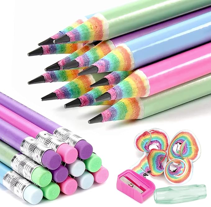 Haffero Rainbow Pencils, Writing Drawing Pencil with Rubber, Recyclable
