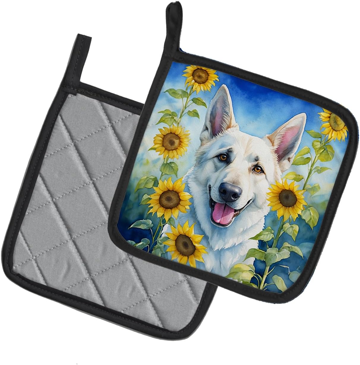 Caroline's Treasures White German Shepherd in Sunflowers Pair of Pot Holders Kitchen Heat Resistant Pot Holders Sets Oven Hot Pads for Cooking Baking BBQ, 7 1/2 x 7 1/2