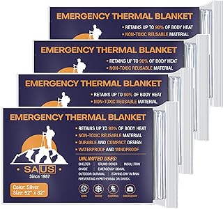 SAUS Emergency Blankets, Foil Space Thermal Blanket for Outdoor Sport, Camping, Mylar Survival Equipment First Aid Bag Kit