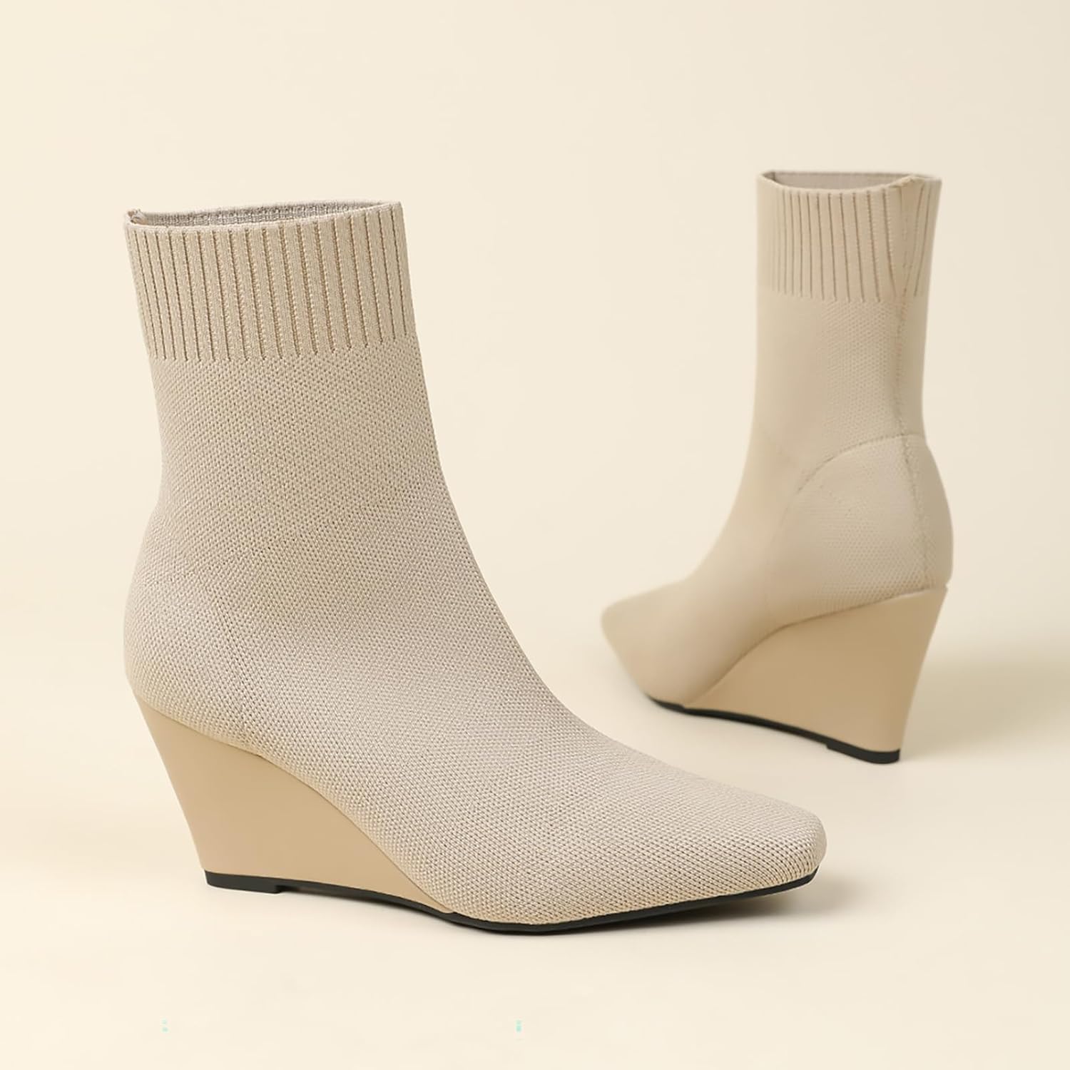 Women's Knitted Wedge Ankle Boots Fashion Square Closed Toe Pull-On Booties Breathable Comfort Dress Sock Boots for Casual Party Shopping