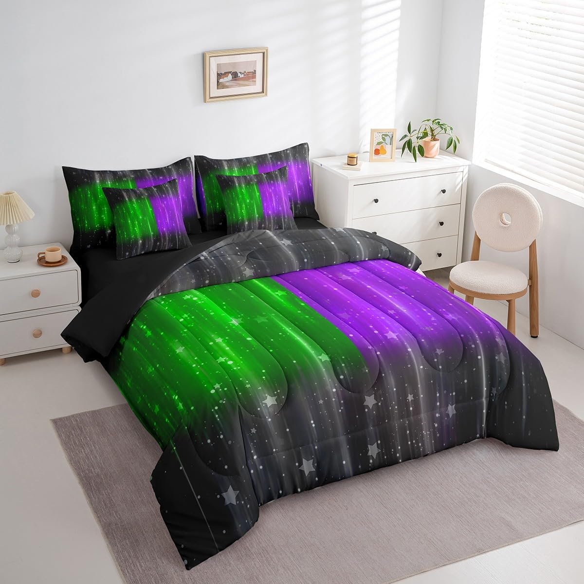 7pcs Black Green Purple Bedding Full Abstract Glowing Gradient Comforter Set for Boys, Aesthetic Ombre Bedding Comforter Sets Modern Neon Lights Bed in a Bag, Psychedelic Stars Bedding Accessories