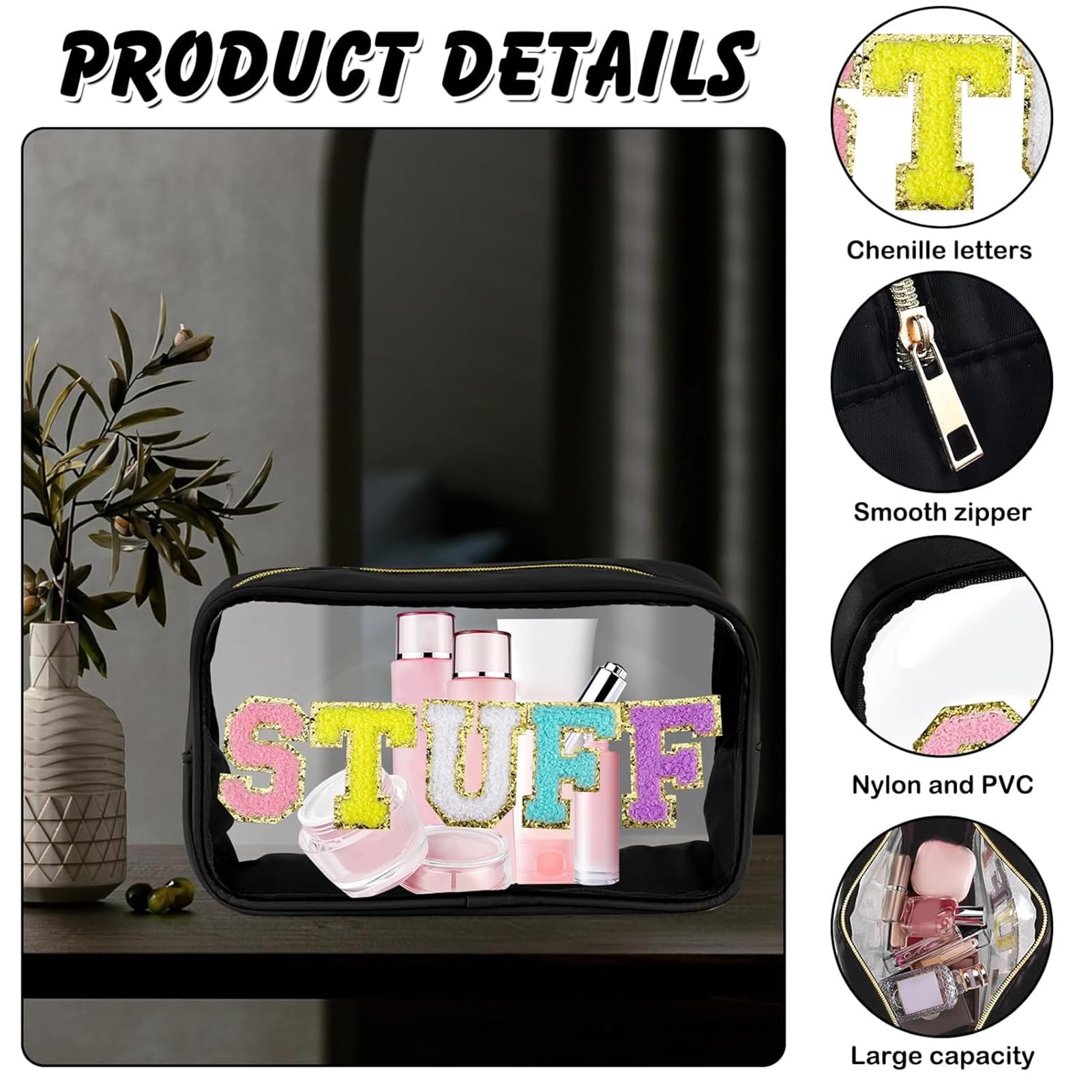 URSKYTOUS Bolsa de maquillaje transparente de chenilla con letras de nailon, bolsa de cosméticos con cremallera, bolsa de maquillaje de viaje transparente de PVC transparente, impermeable, organizador