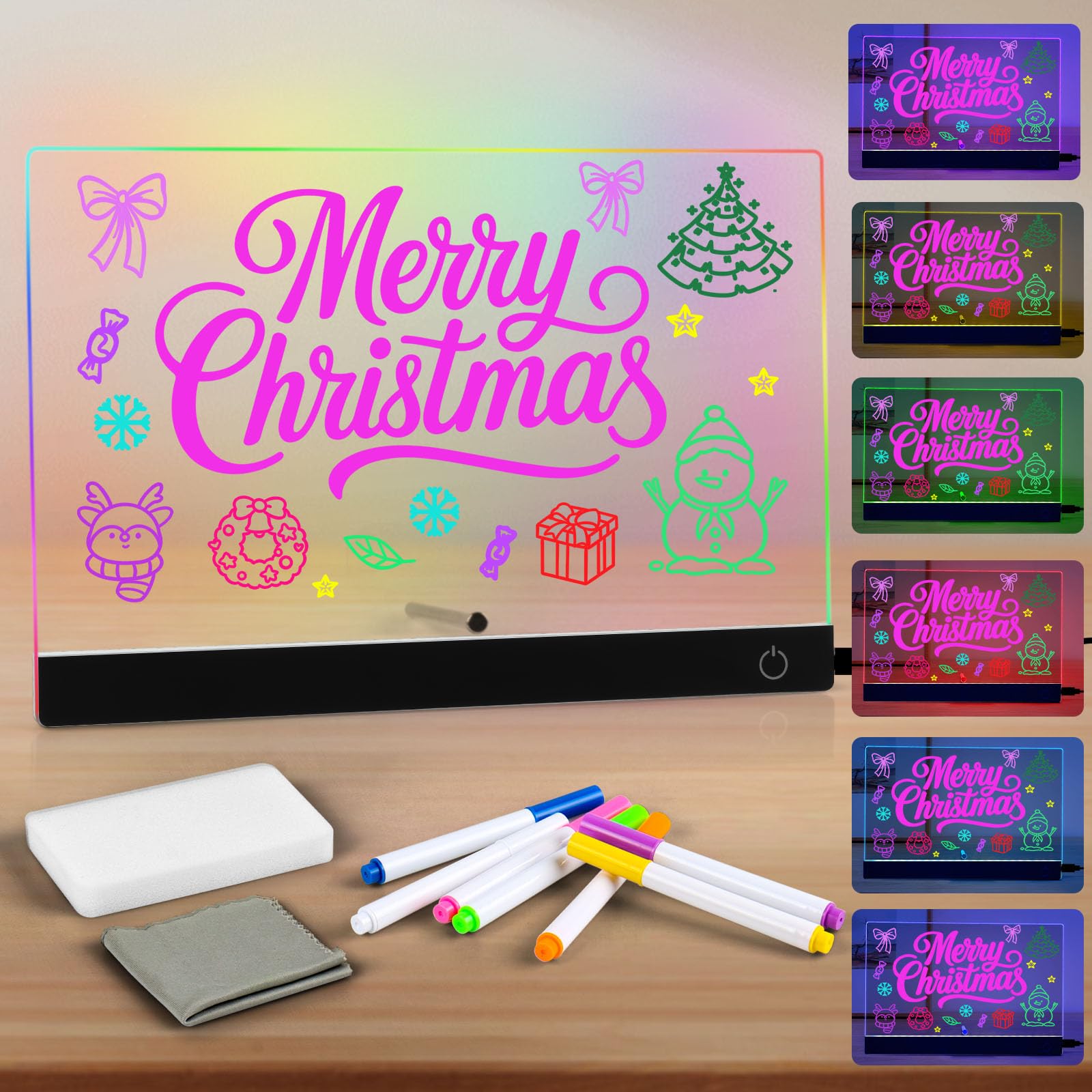 Tableau Lumineux LED à Messages - Surface Acrylique Effaçable, 7 Stylos Couleur, Support Réglable - Lumière Chaude