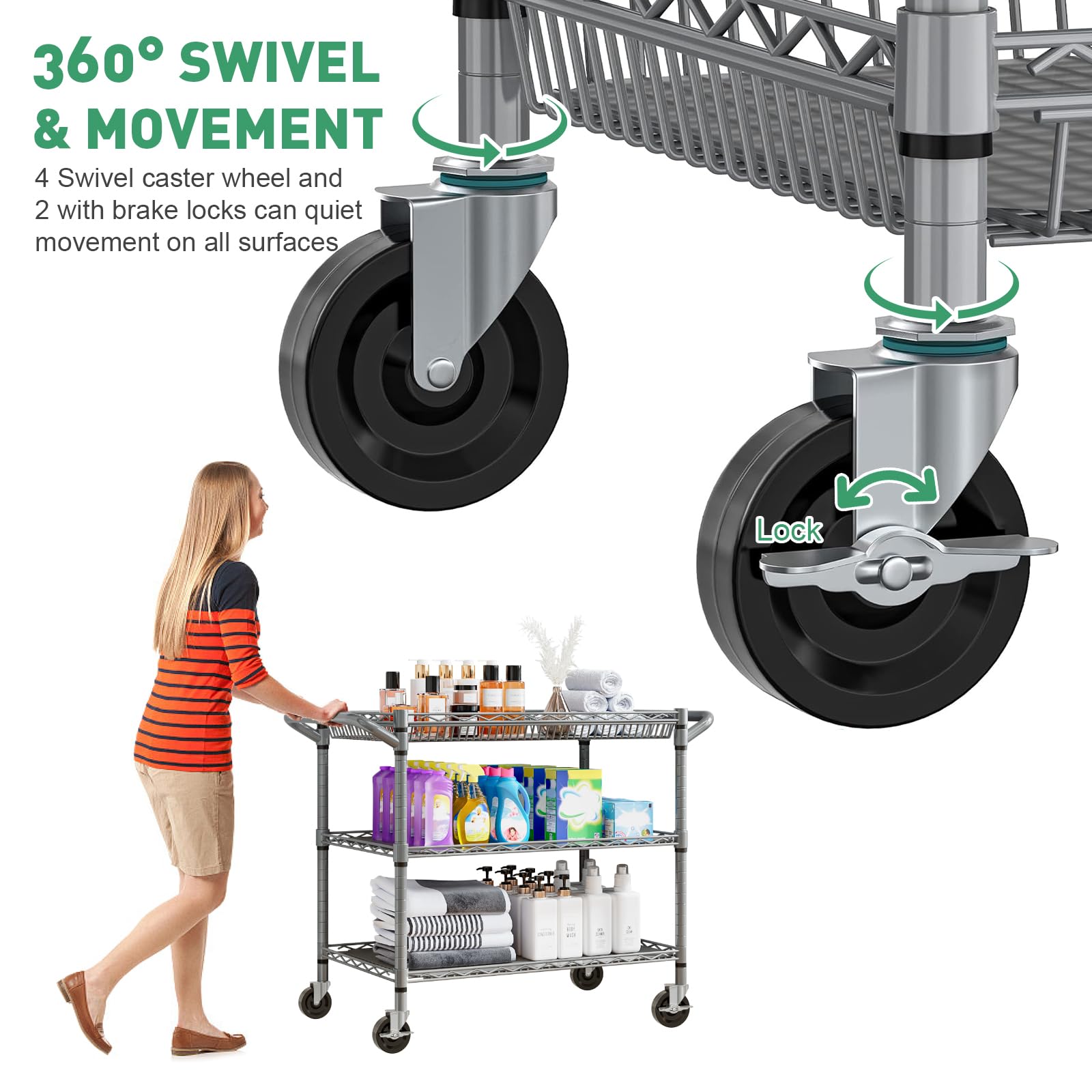 Carrito utilitario resistente de 3 estantes, carrito rodante de alambre con barra de asa, estantería de alambre con ruedas, carrito de servicio de acero, carrito de almacenamiento de metal