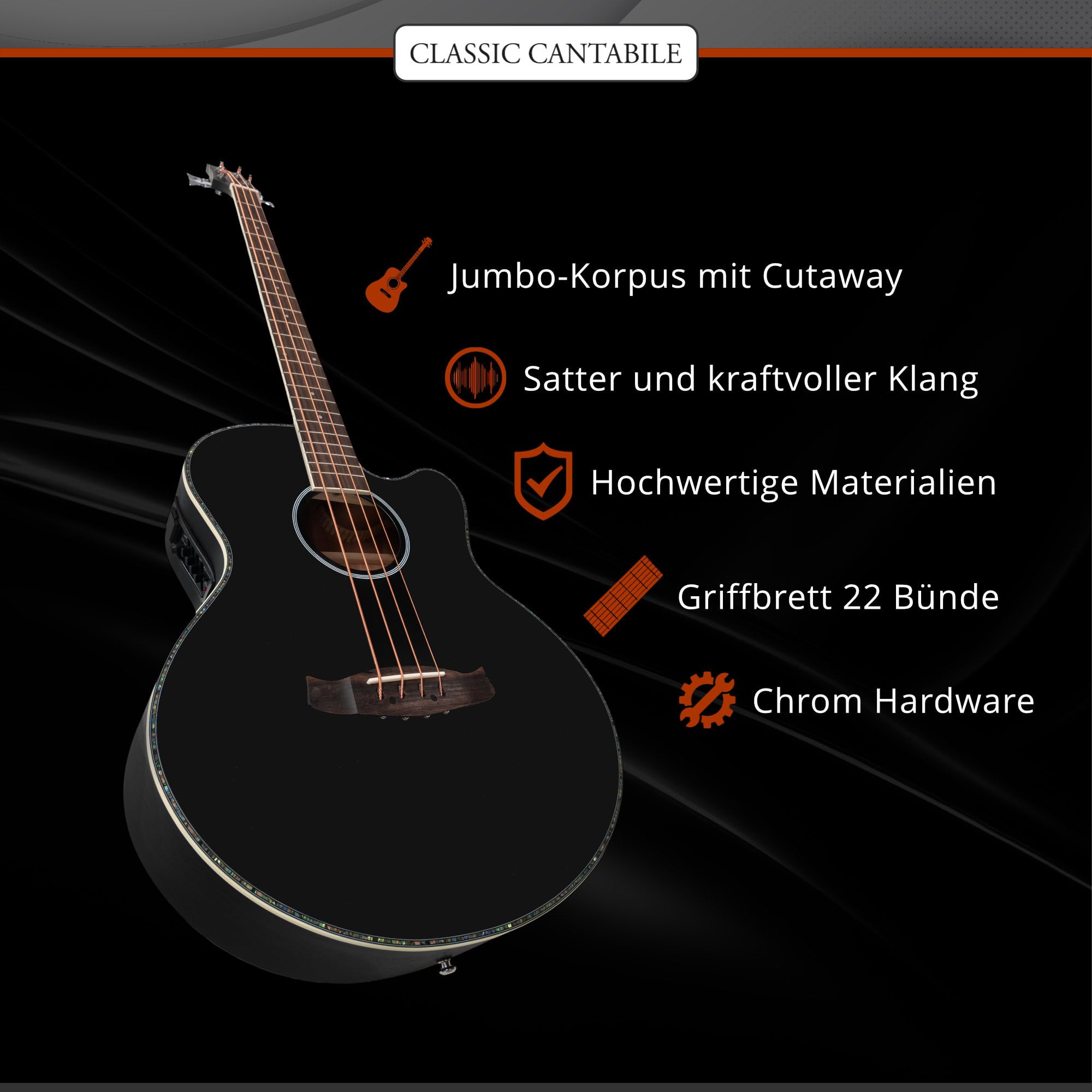 Classic Cantabile Jumbo Akustik Bass mit Tonabnehmer - 4 Saitige Bassgitarre - Jumbo mit Cutaway - Fichtendecke, Mahagoni-Korpus, Mahagoni-Hals, Palisander-Griffbrett - Farbe & Finish in Schwarz Matt